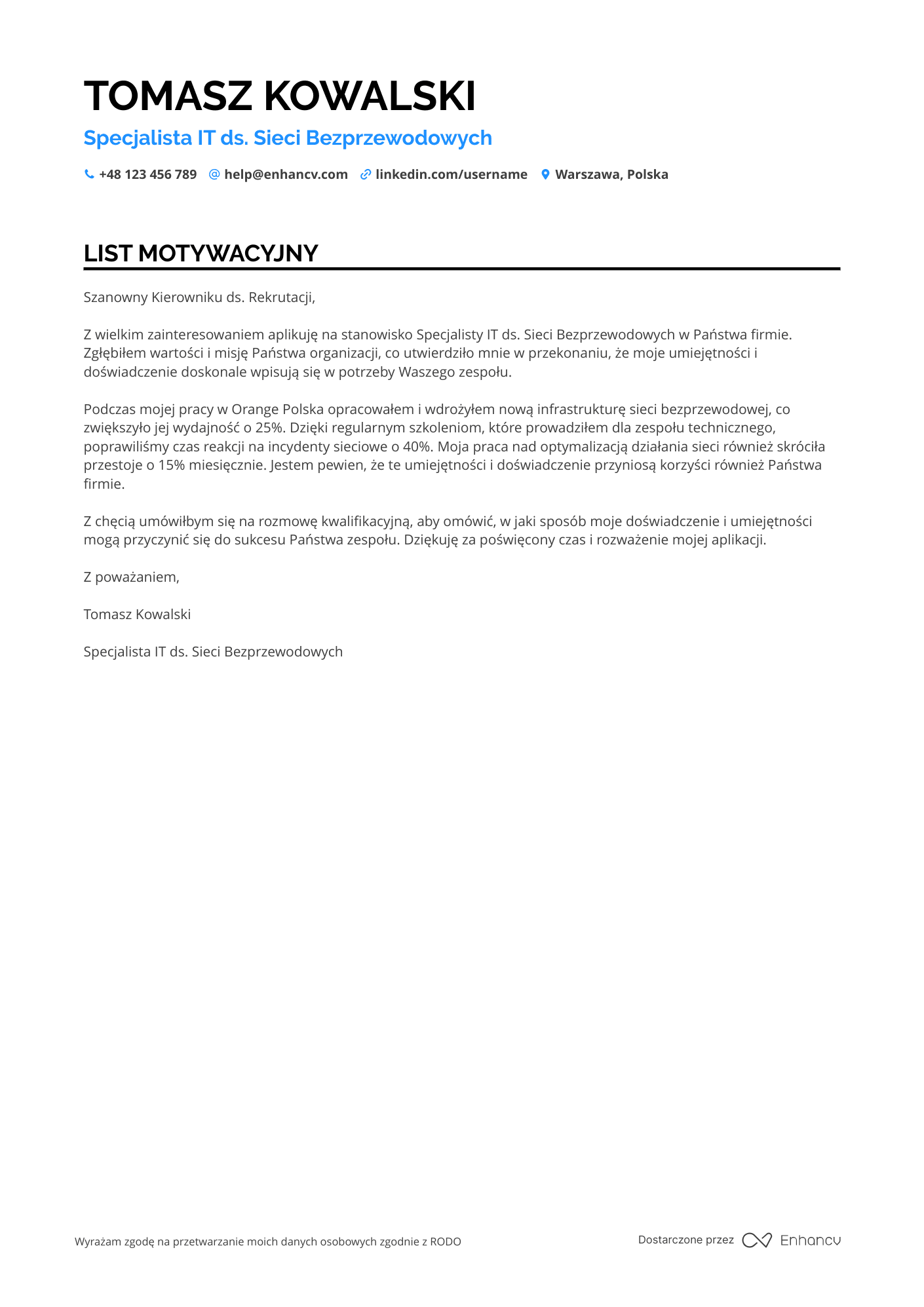 List motywacyjny dla Specjalista IT ds. Sieci Bezprzewodowych Resume Example