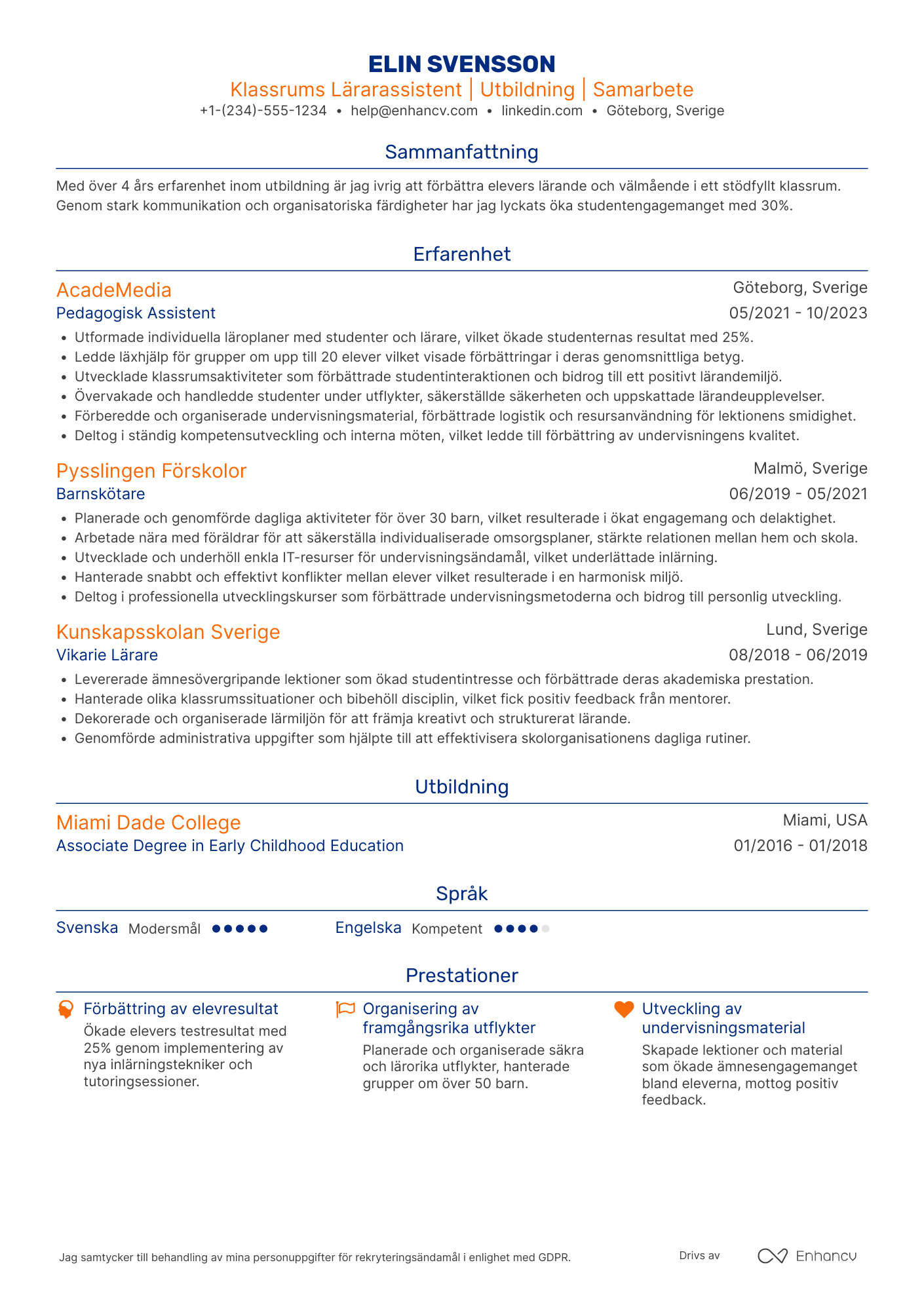CV för Klassrums Lärarassistent Resume Example