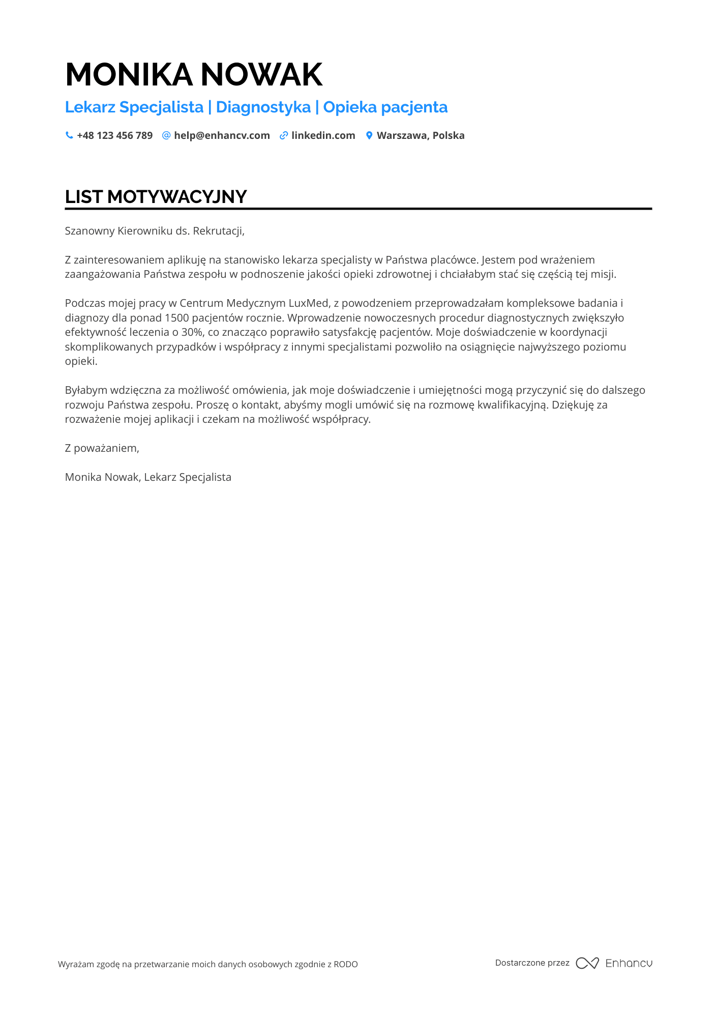 List motywacyjny dla Lekarz Specjalista Resume Example