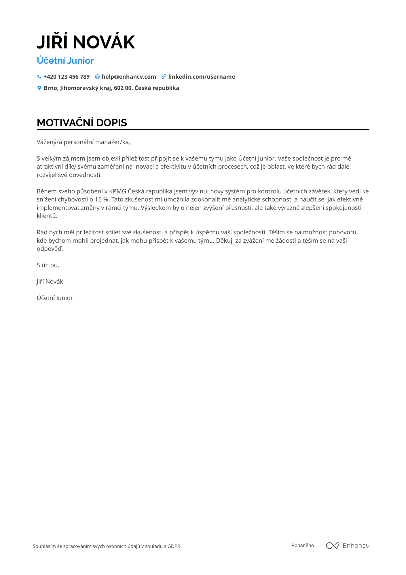 Motivační dopis pro Účetní Junior Resume Example