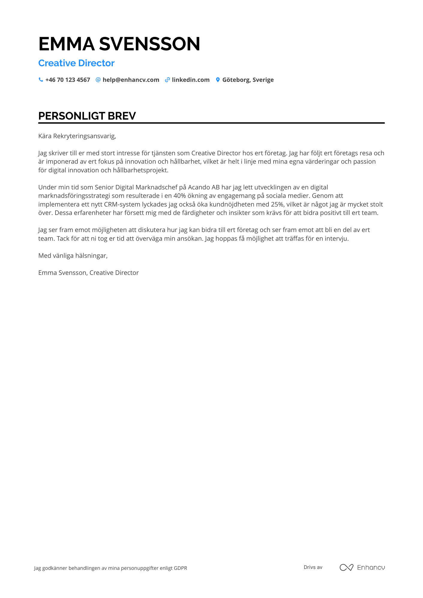 Personligt brev för Creative Director Digital Marknadsförare Resume Example