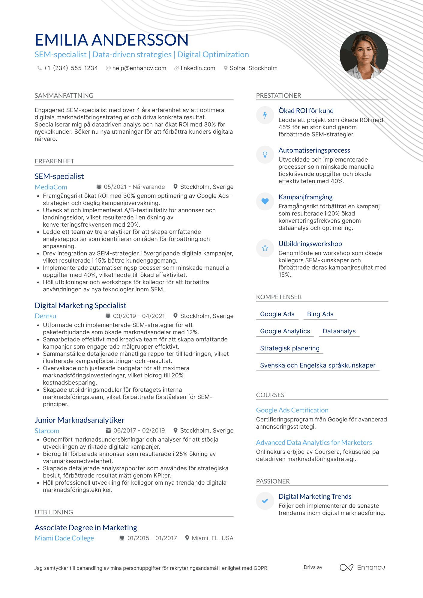 CV för SEM specialist Digital Marknadsförare Resume Example