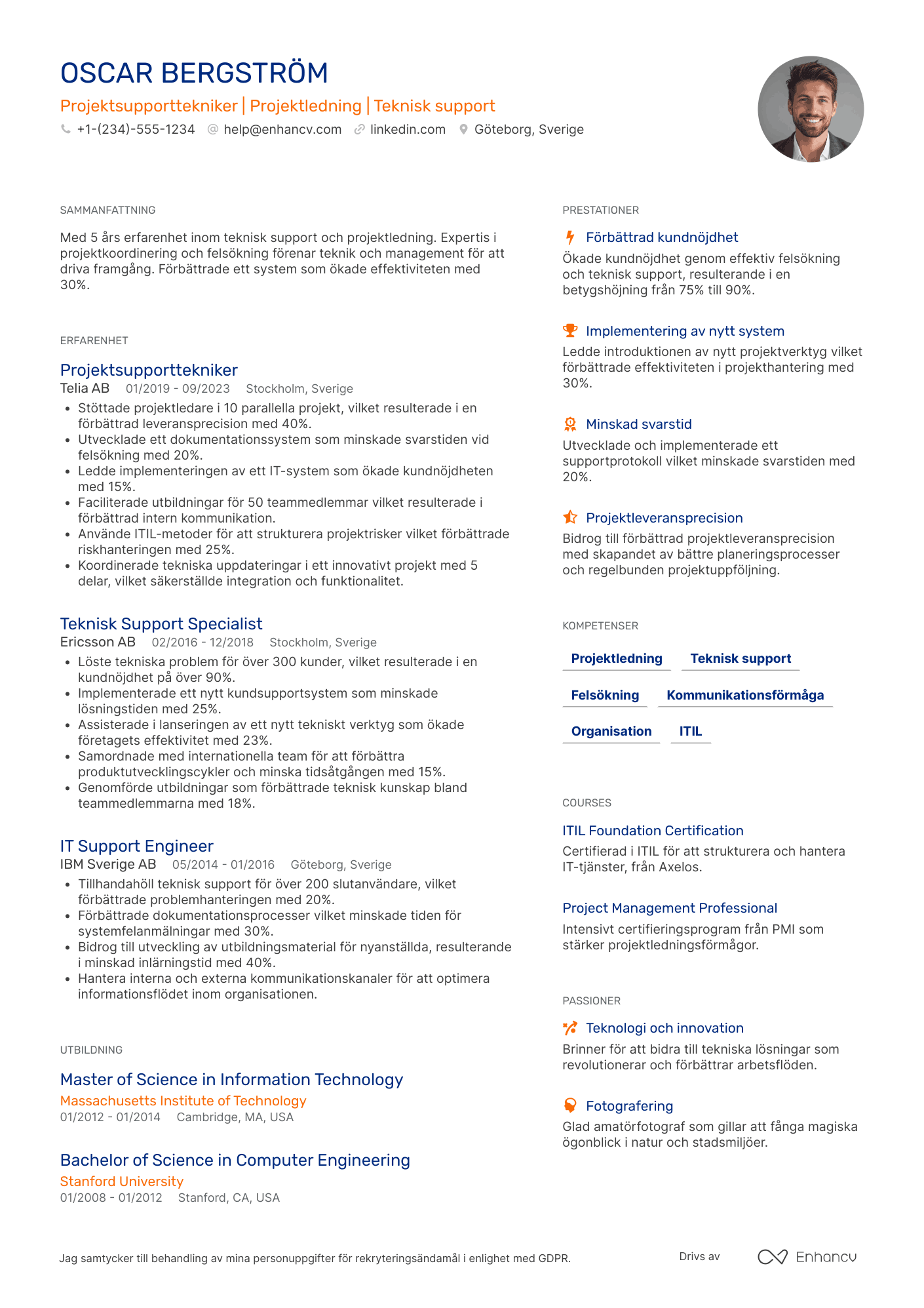 CV för Projektsupporttekniker Resume Example