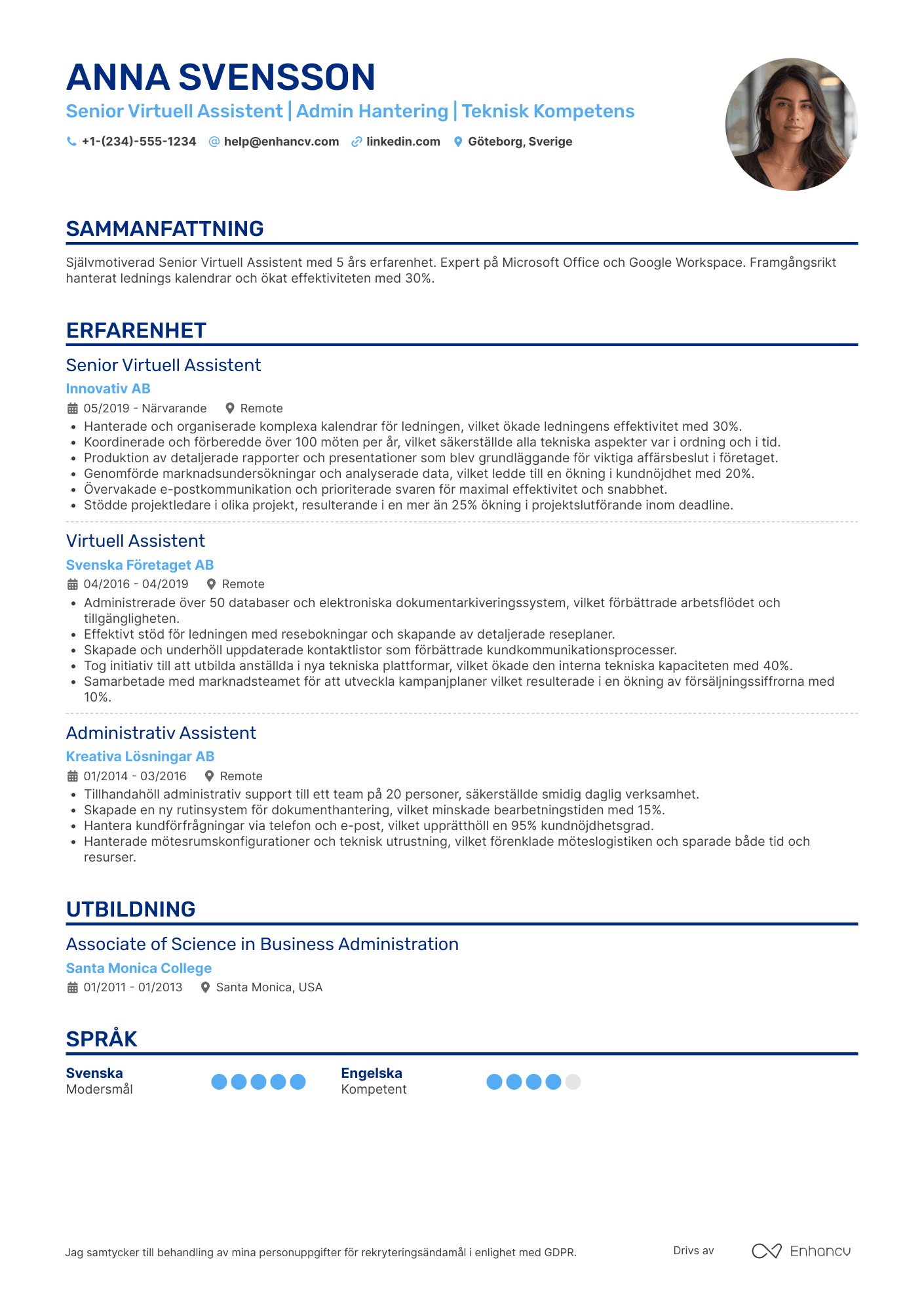 CV för Senior Virtuell Assistent Resume Example