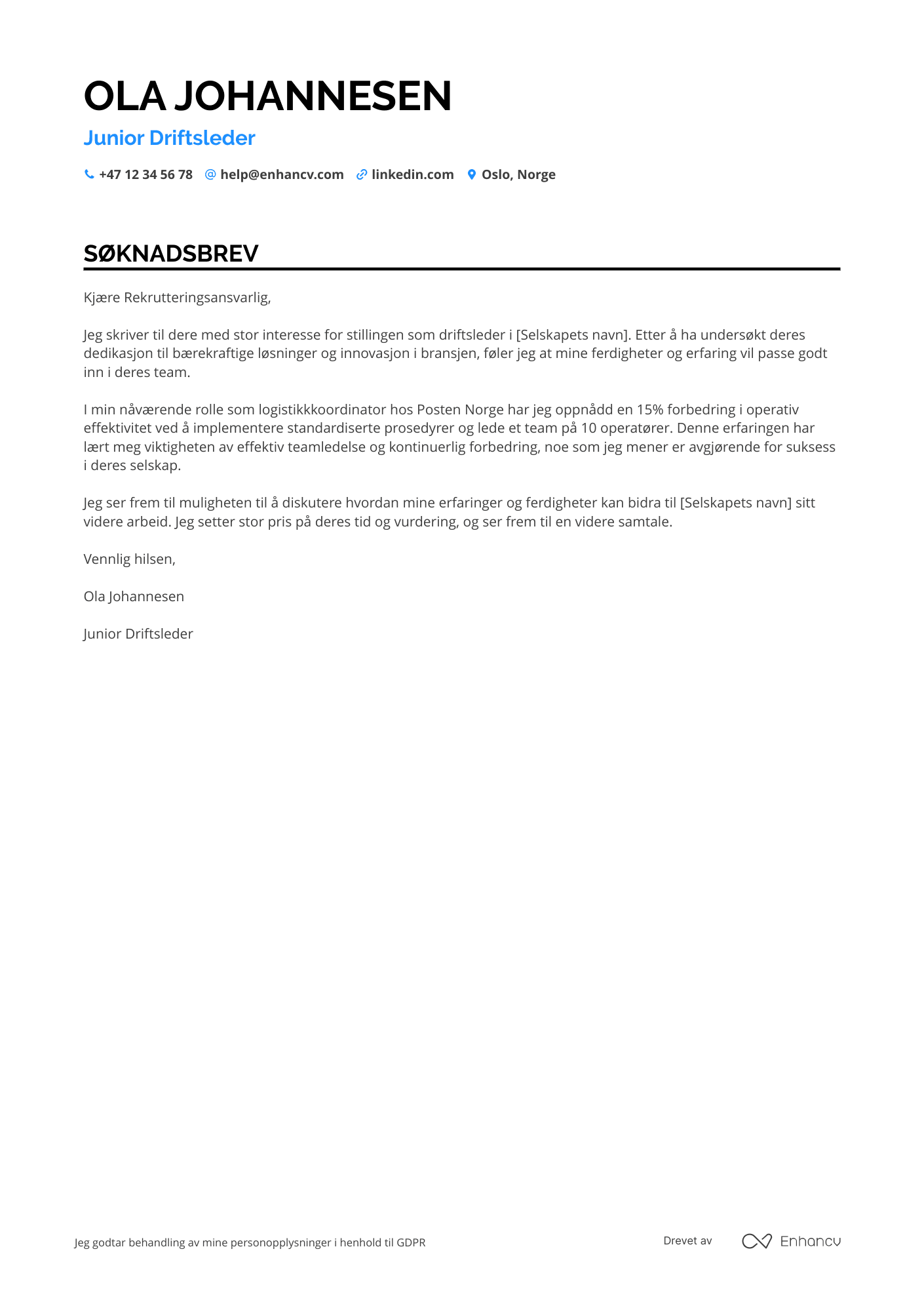 Søknadsbrev for Junior Driftsleder Resume Example