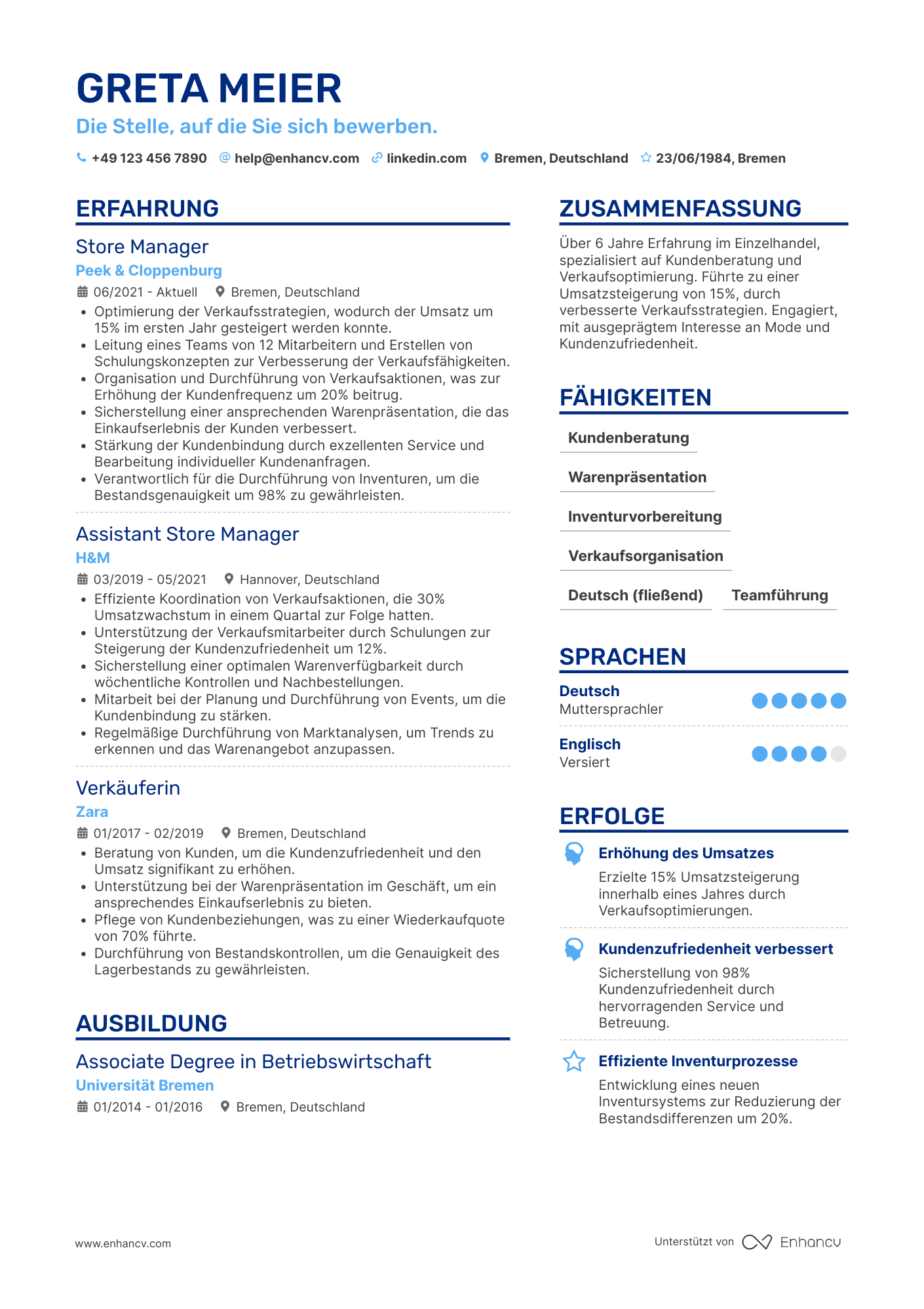 Lebenslauf als Einzelhandelsassistent Resume Example