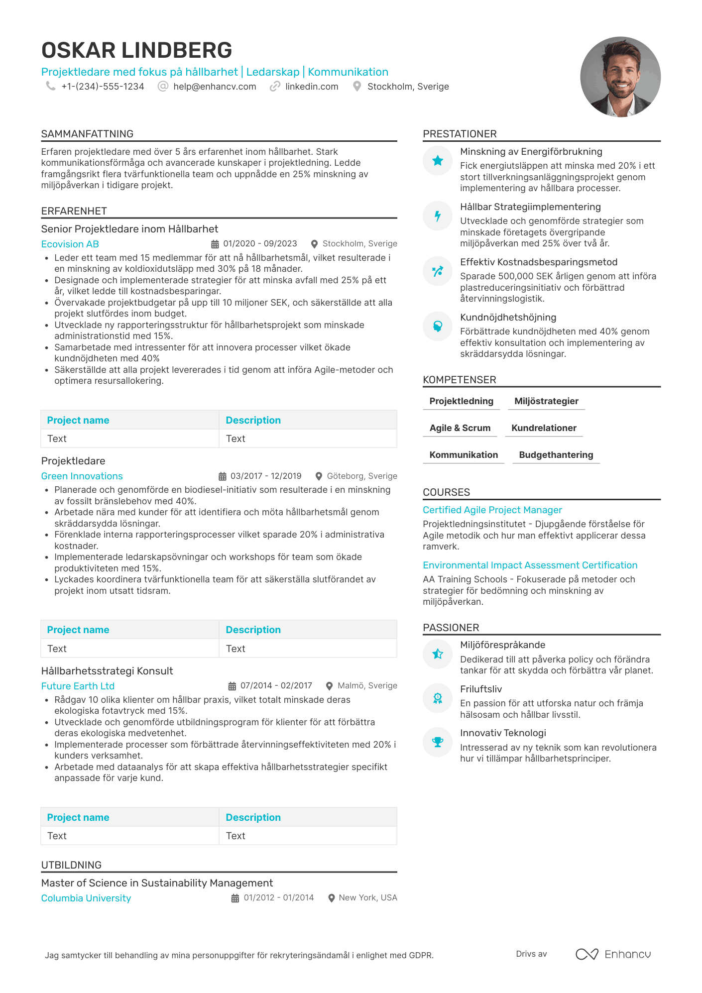 CV för Projektledare med fokus på hållbarhet Resume Example
