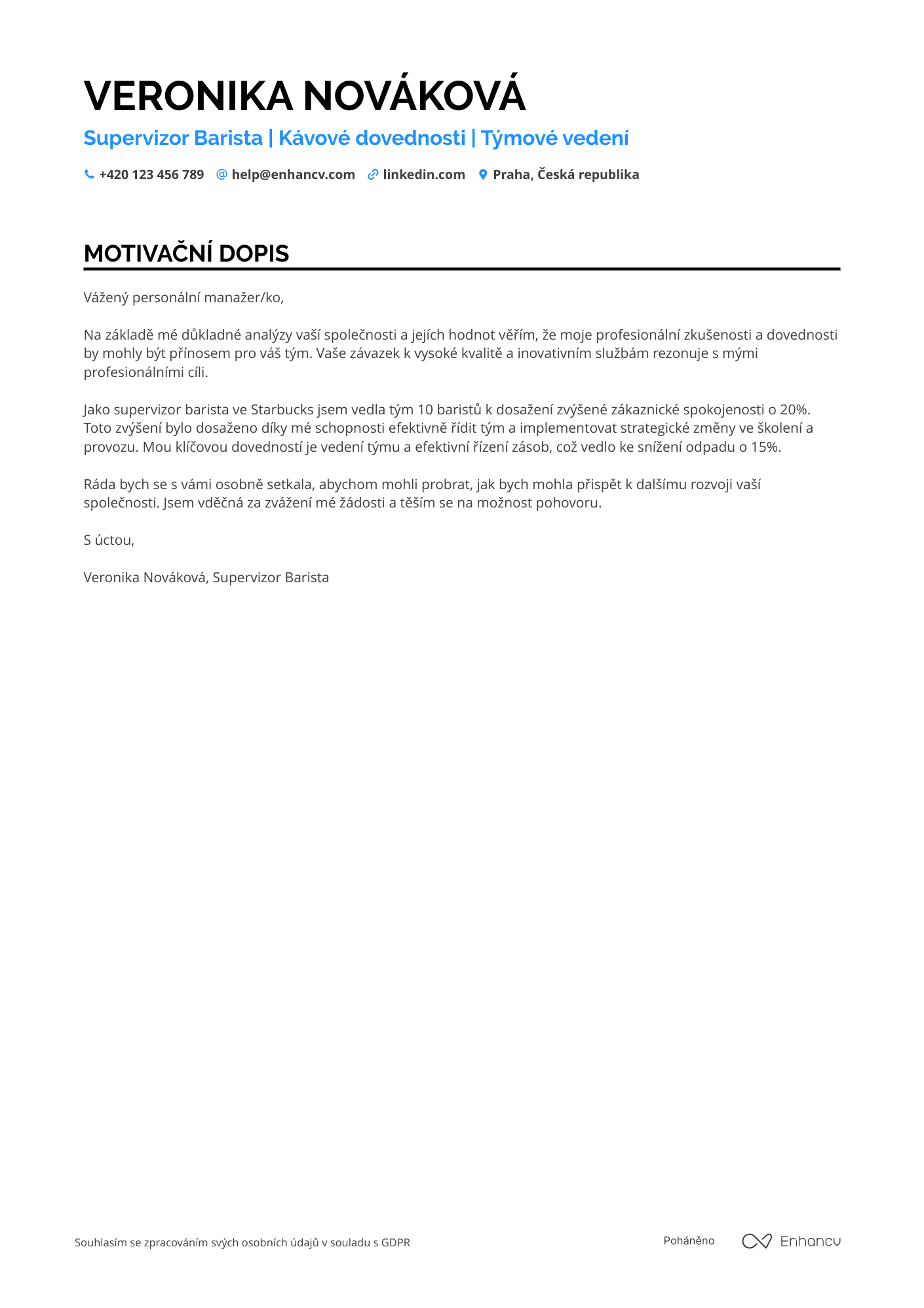 Motivační dopis pro Supervizor Barista Resume Example