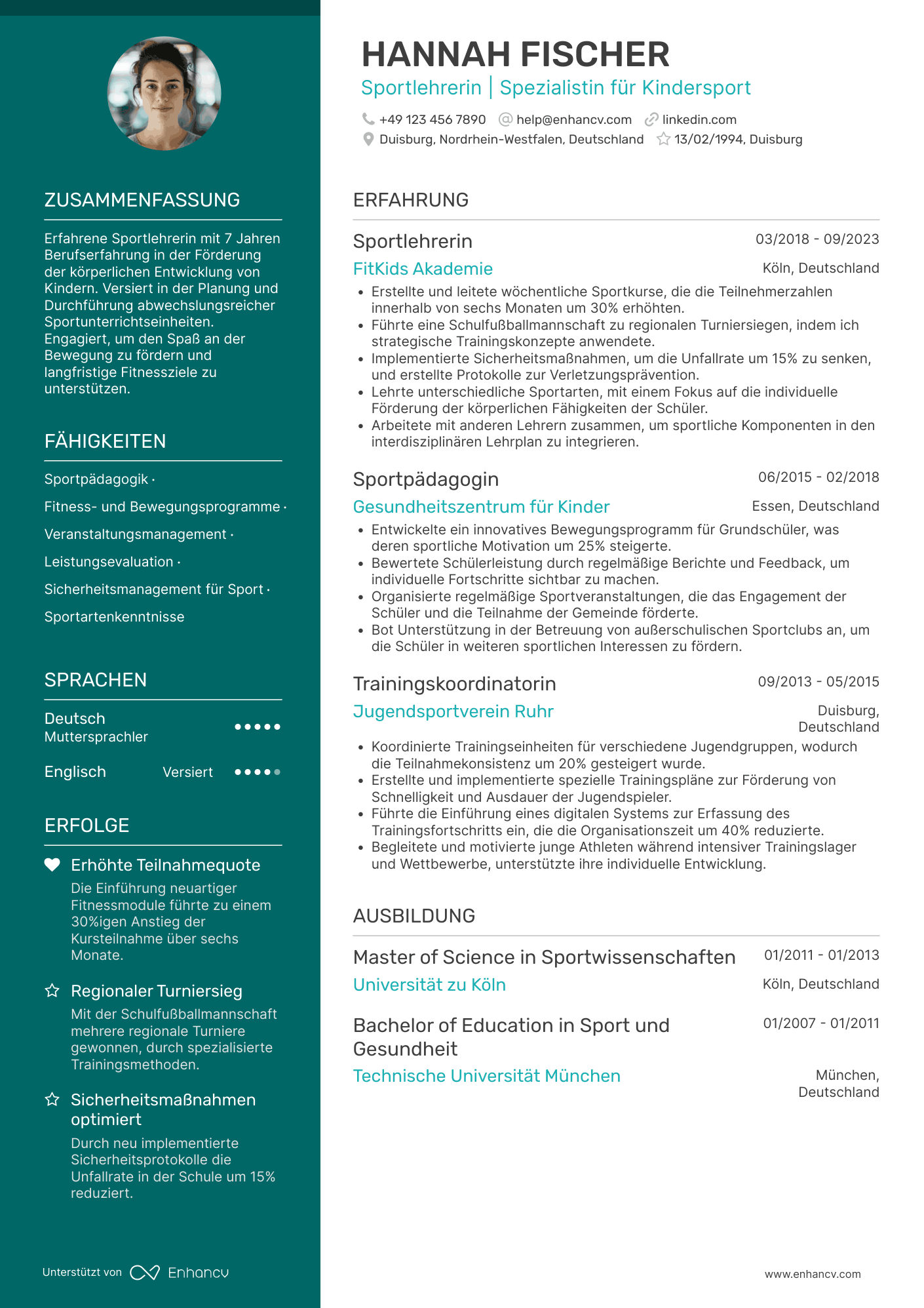Lebenslauf als Sportlehrer Resume Example