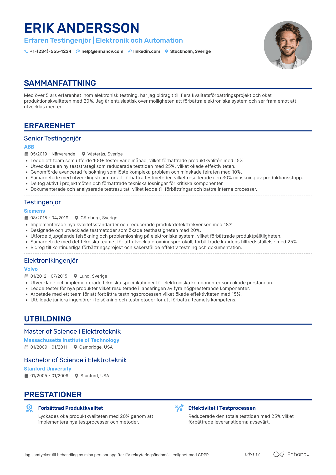 CV för Testingenjör elektro Resume Example