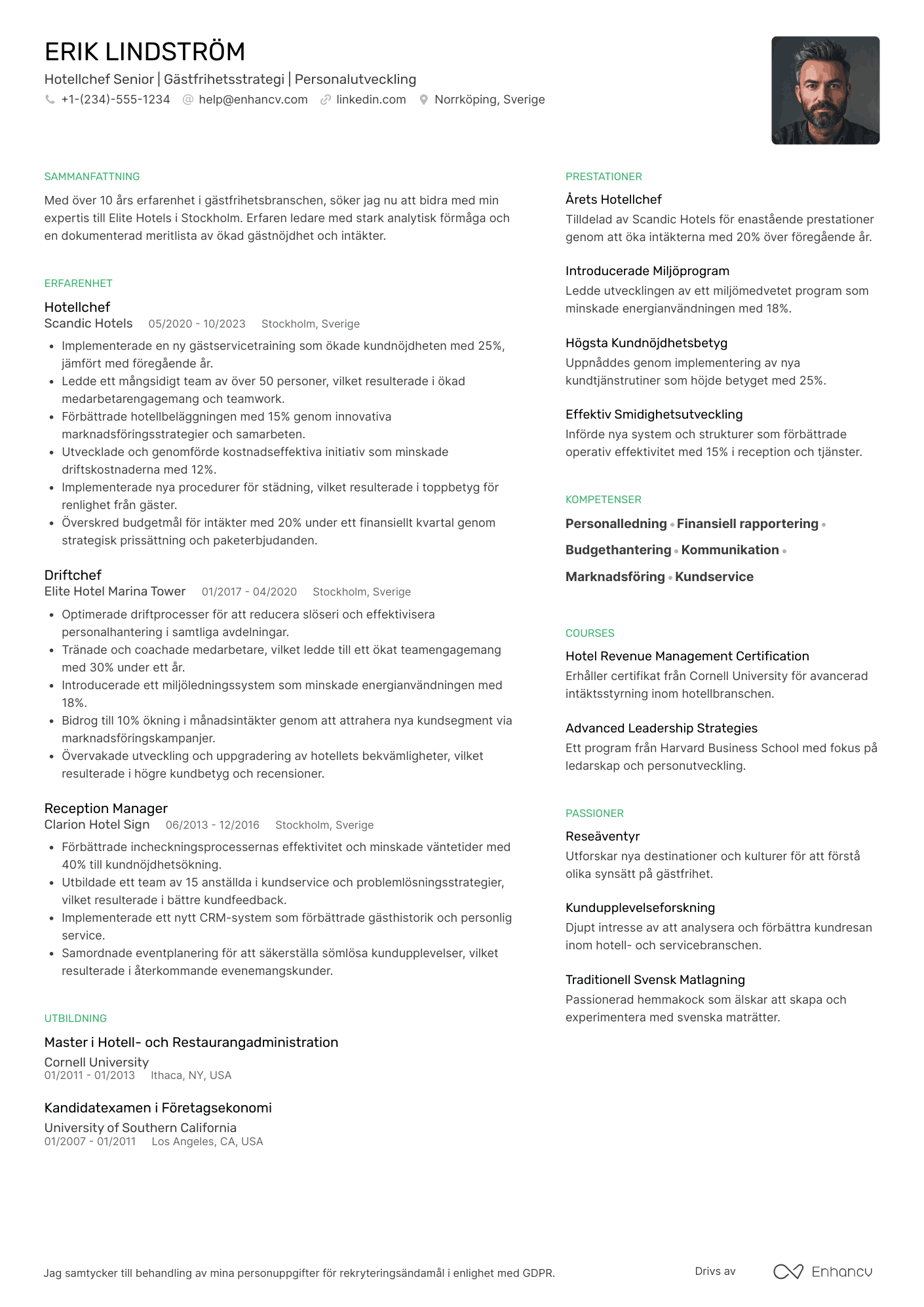 CV för Hotellchef senior Resume Example