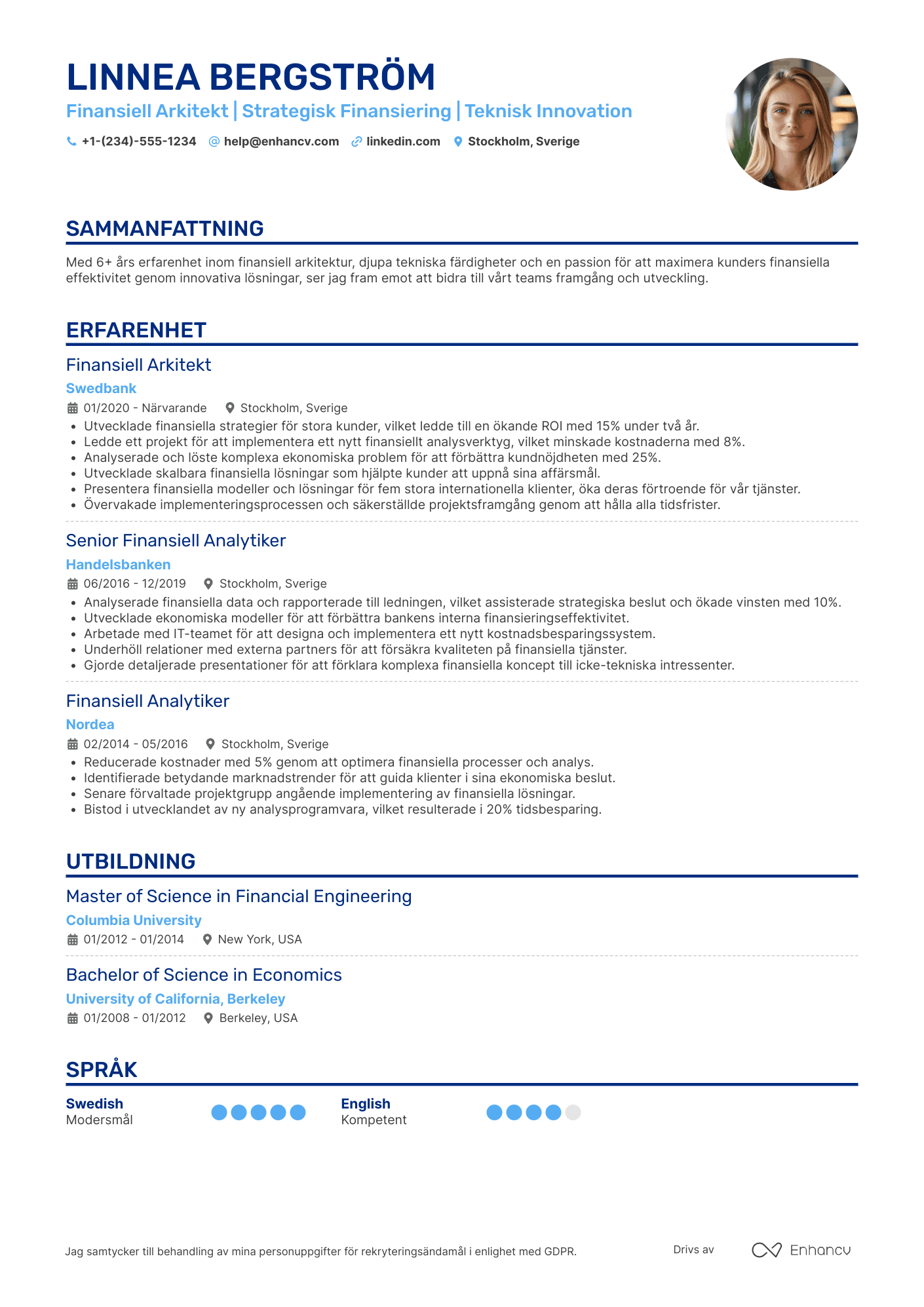 CV för Finansiell Arkitekt Resume Example