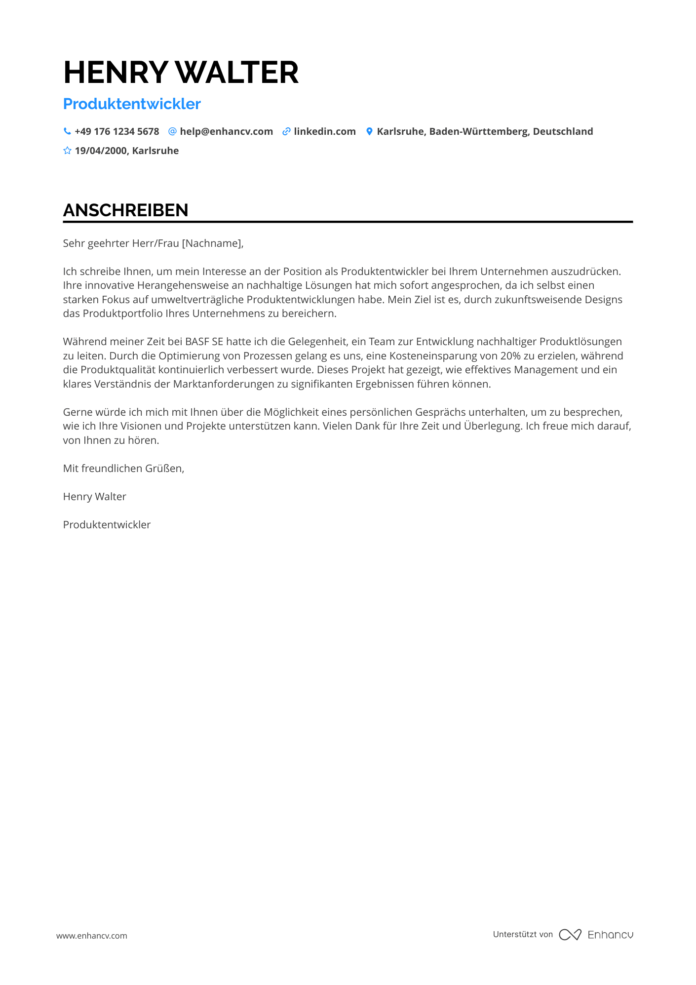 Akademiker in der Produktentwicklung Resume Example