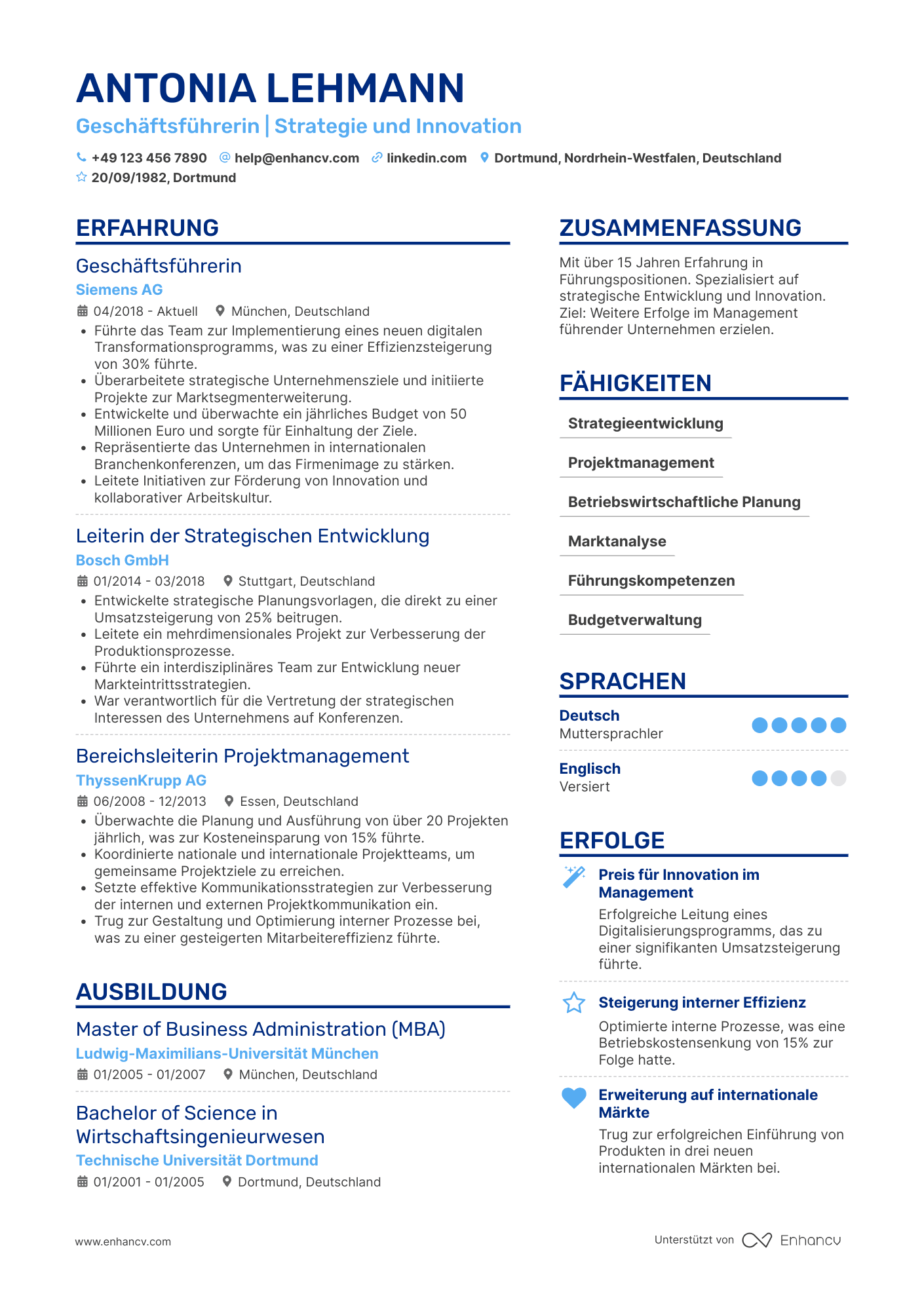 Lebenslauf als Führungsebene Akademiker Resume Example