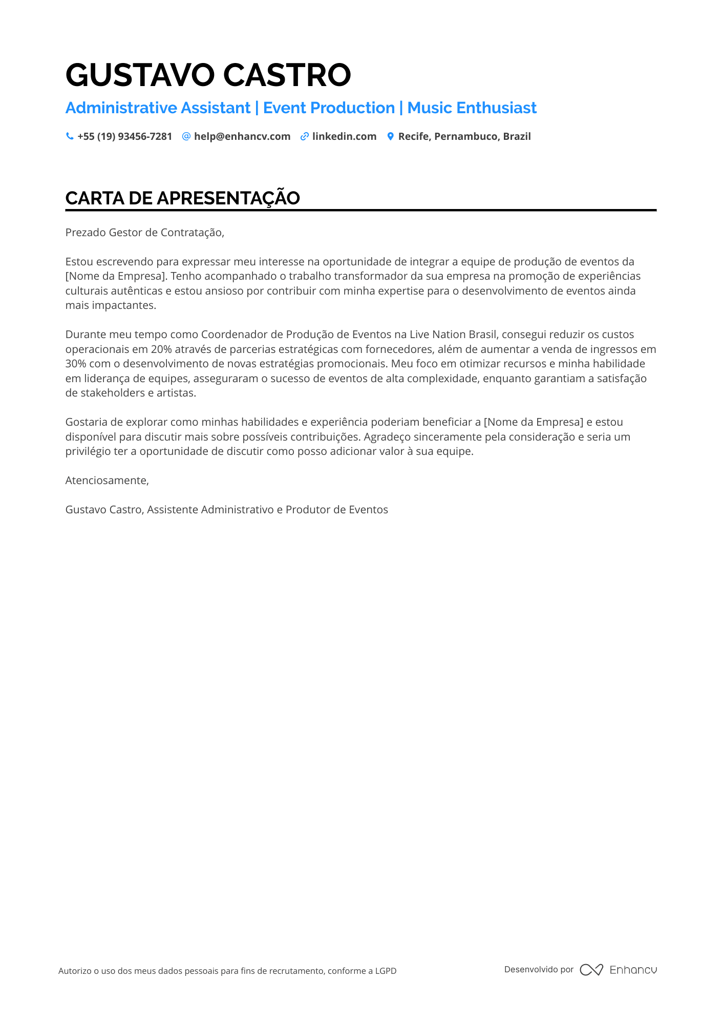 Auxiliar Administrativo de Produção Resume Example