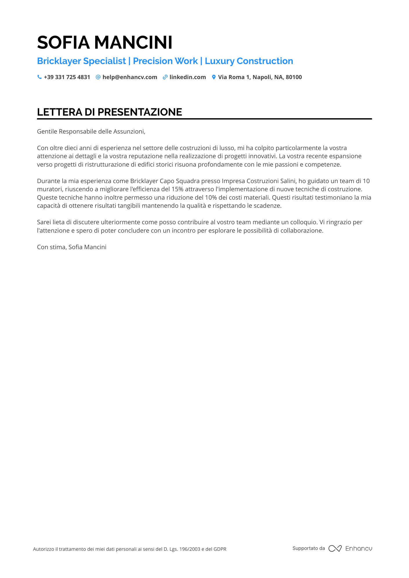 Muratore di Costruzioni Industriali Resume Example