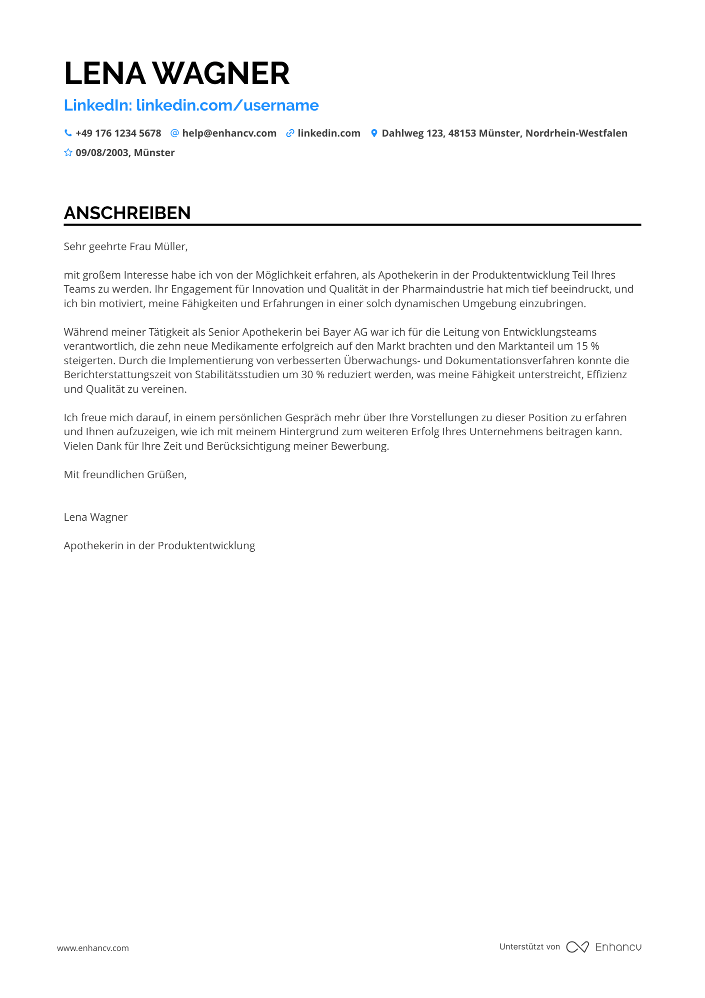 Apotheker in der Produktentwicklung Resume Example
