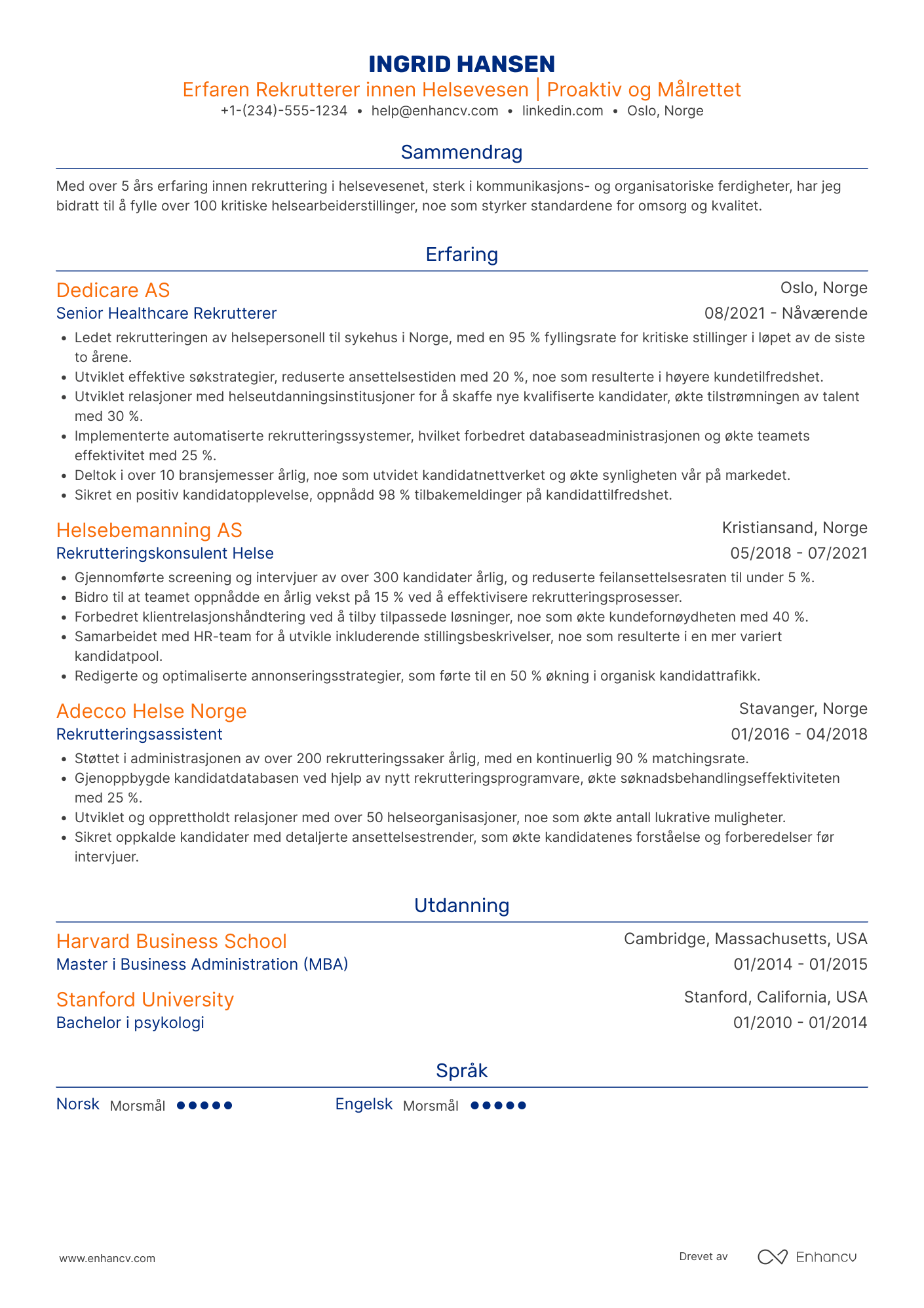 CV for Healthcare Rekrutterer Resume Example