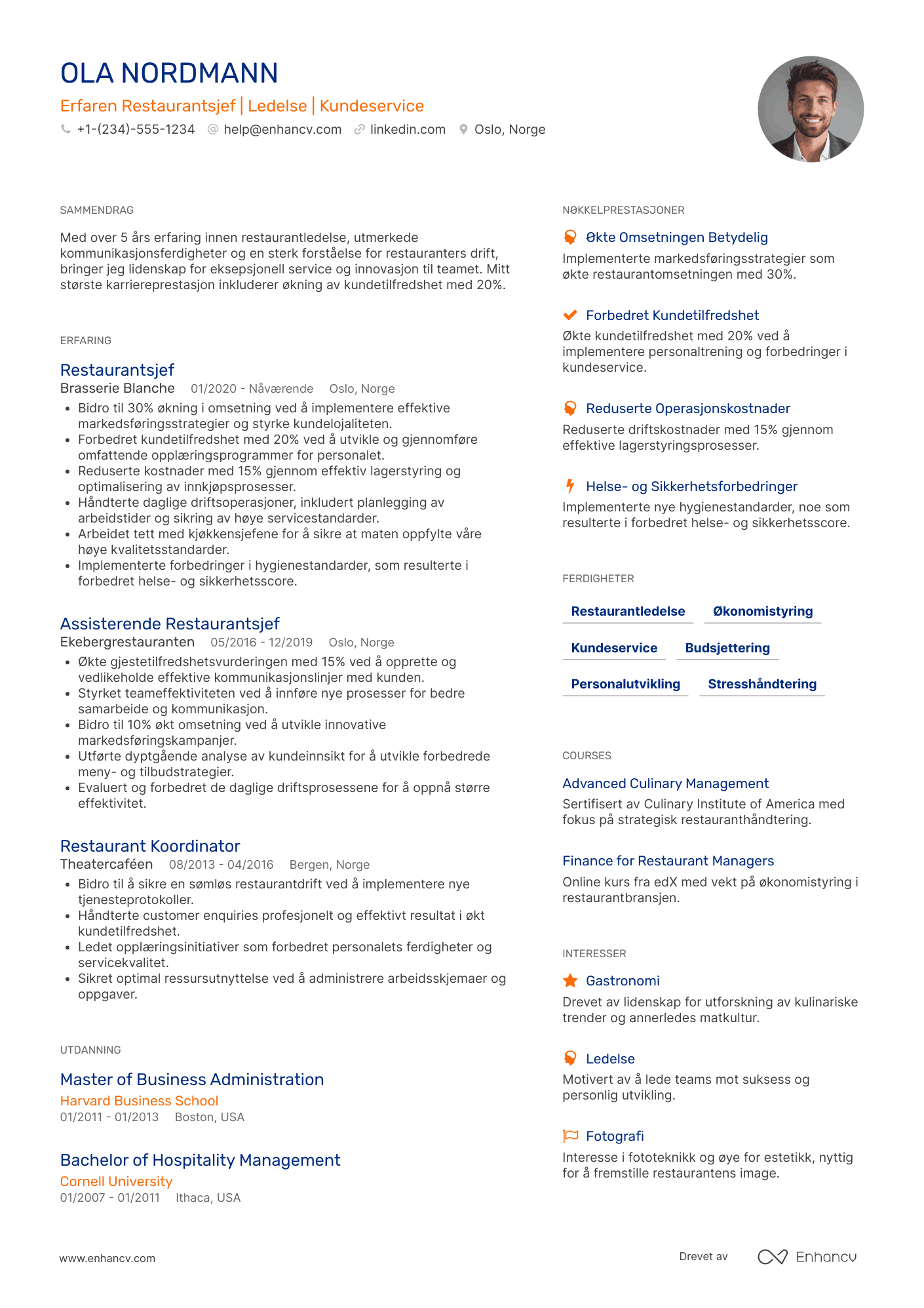 CV for Erfaren Restaurantsjef Resume Example