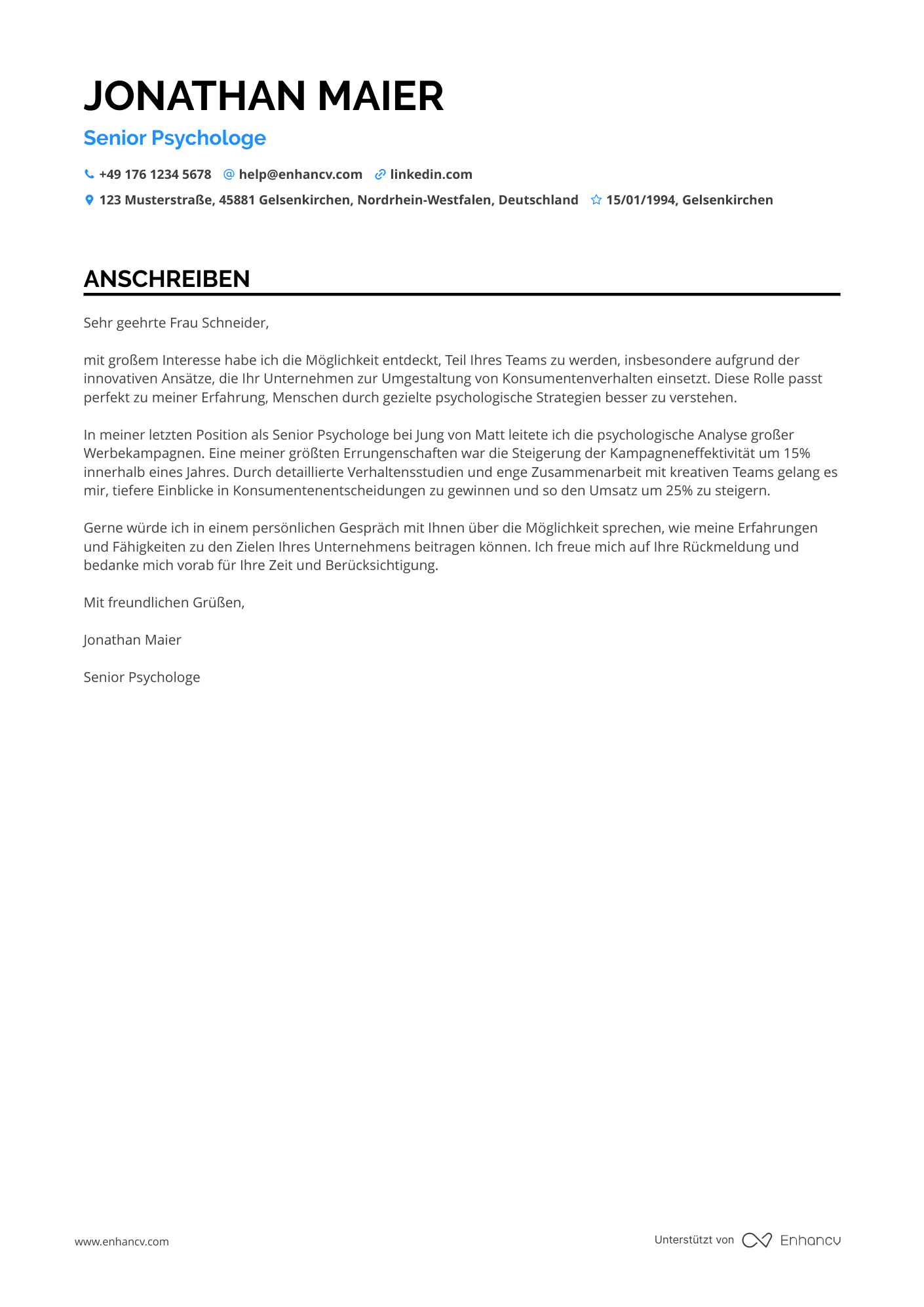 Psychologe in der Werbebranche Resume Example