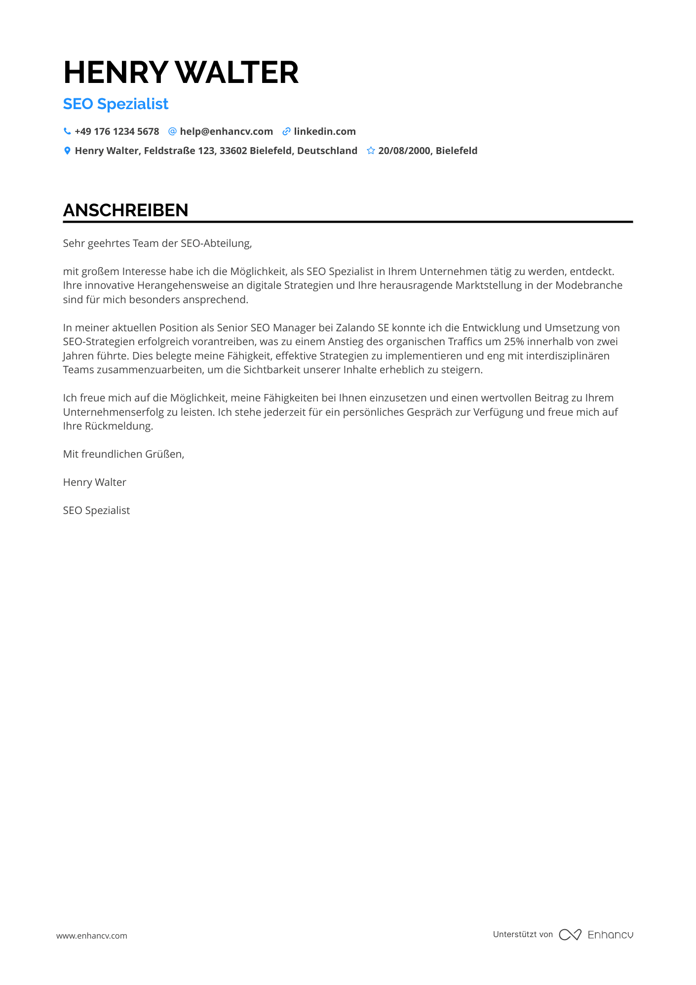 SEO Spezialist für die Modebranche Resume Example