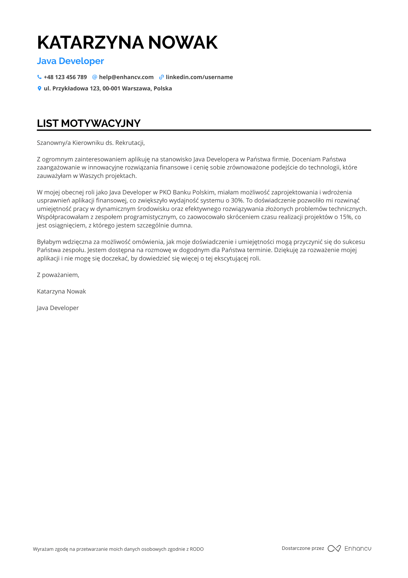 List motywacyjny dla Java Developer in Finance Resume Example