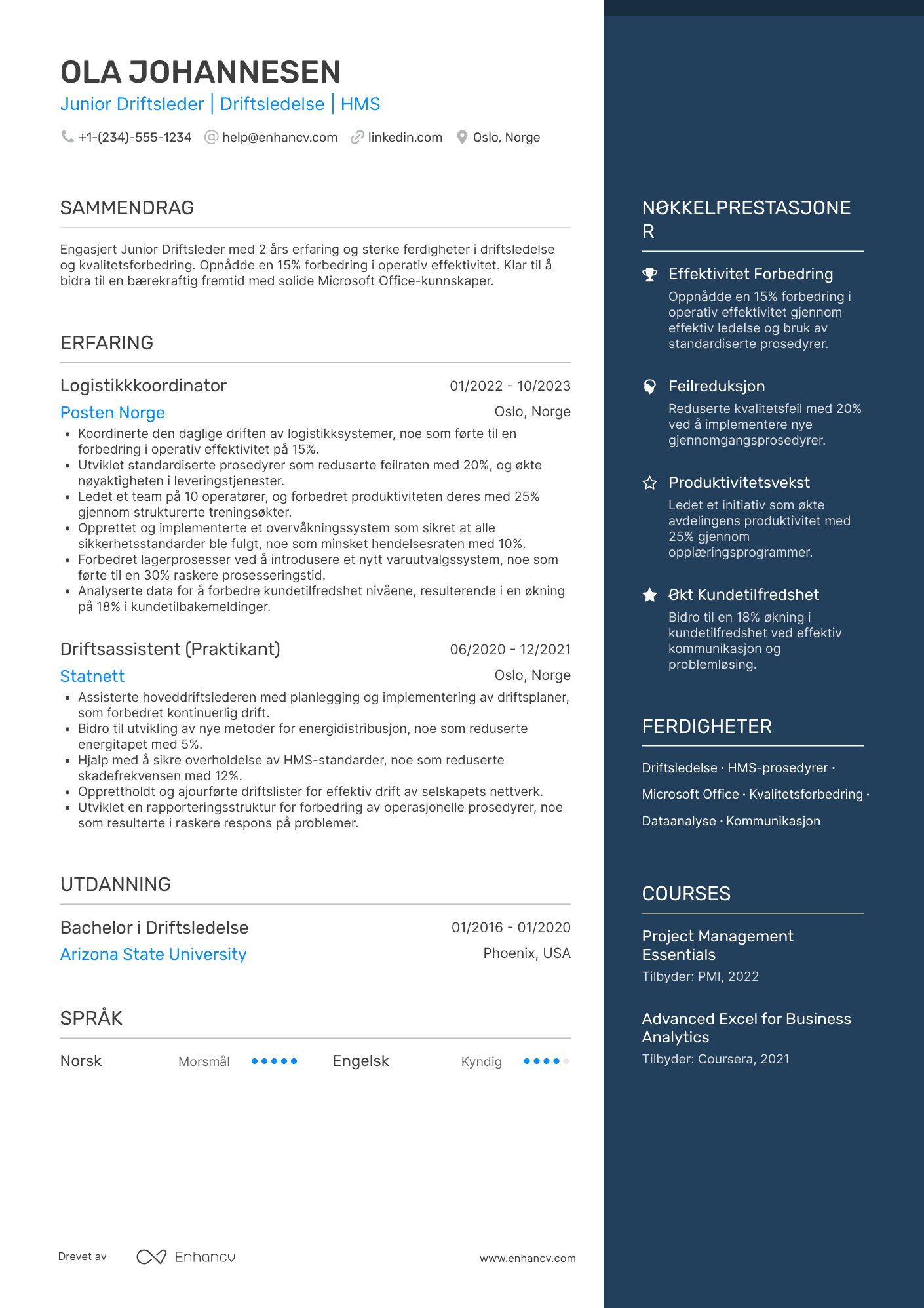 CV for Junior Driftsleder Resume Example