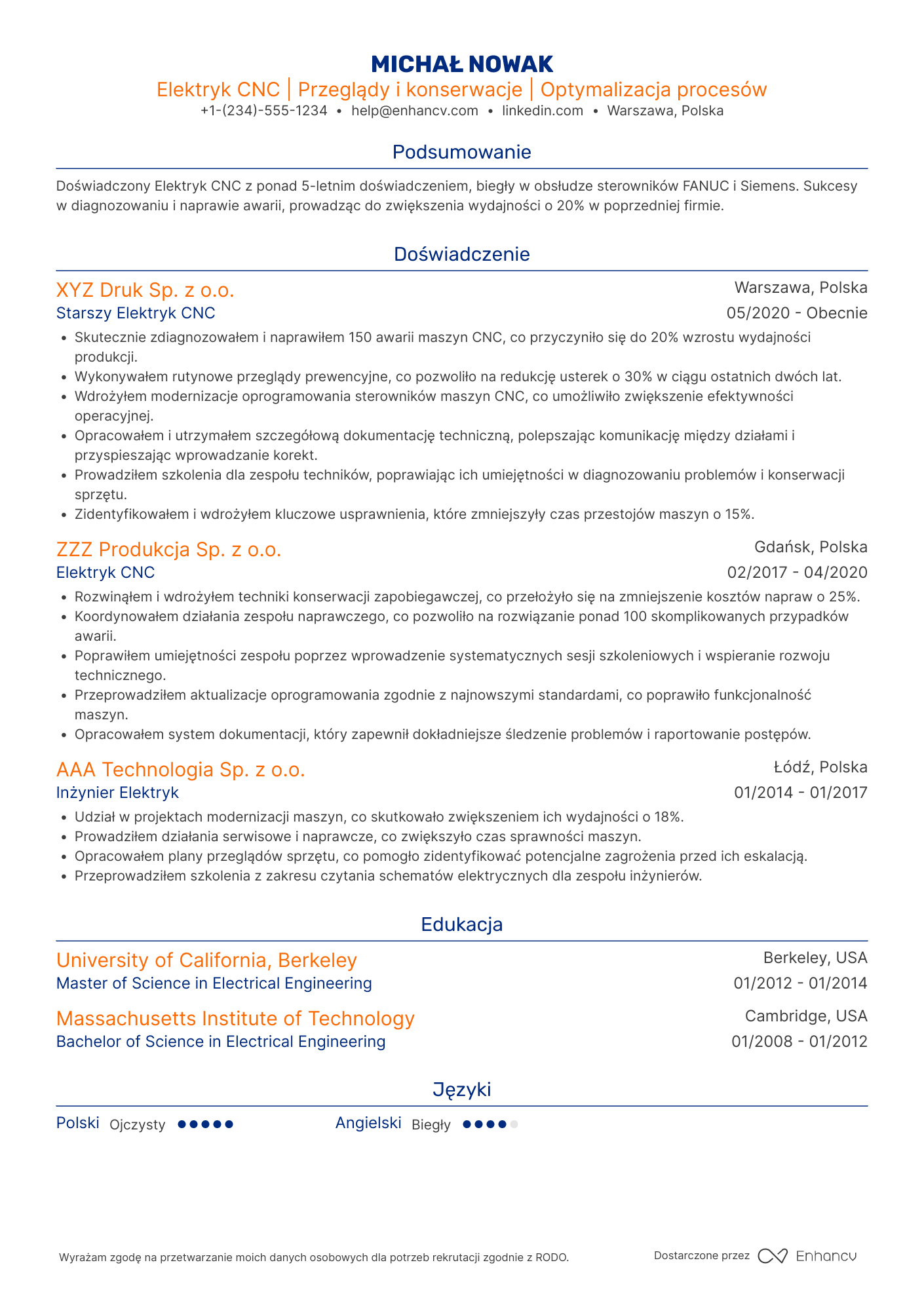 CV dla Elektryk CNC Resume Example