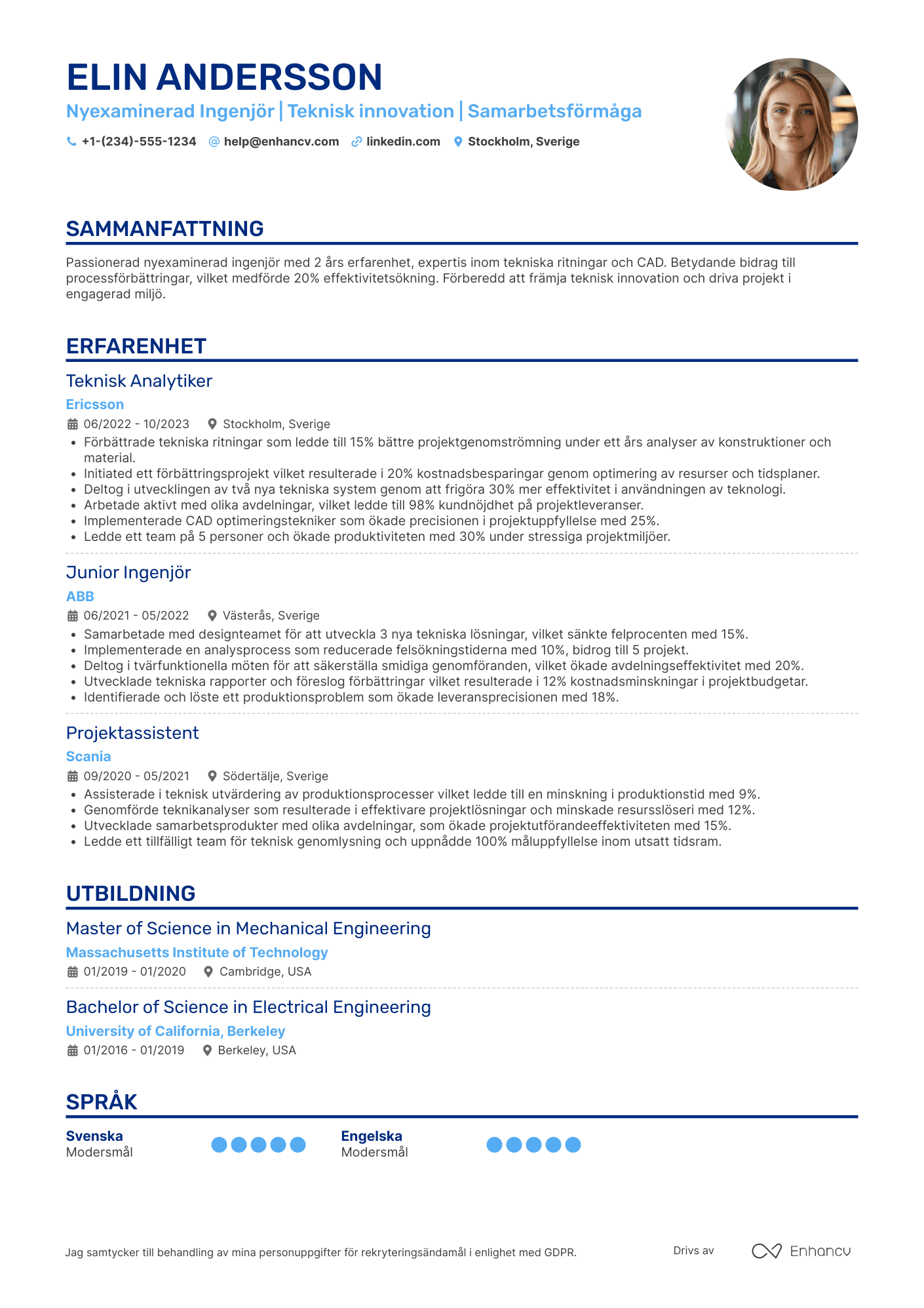 CV för Nyexaminerad Ingenjör Resume Example