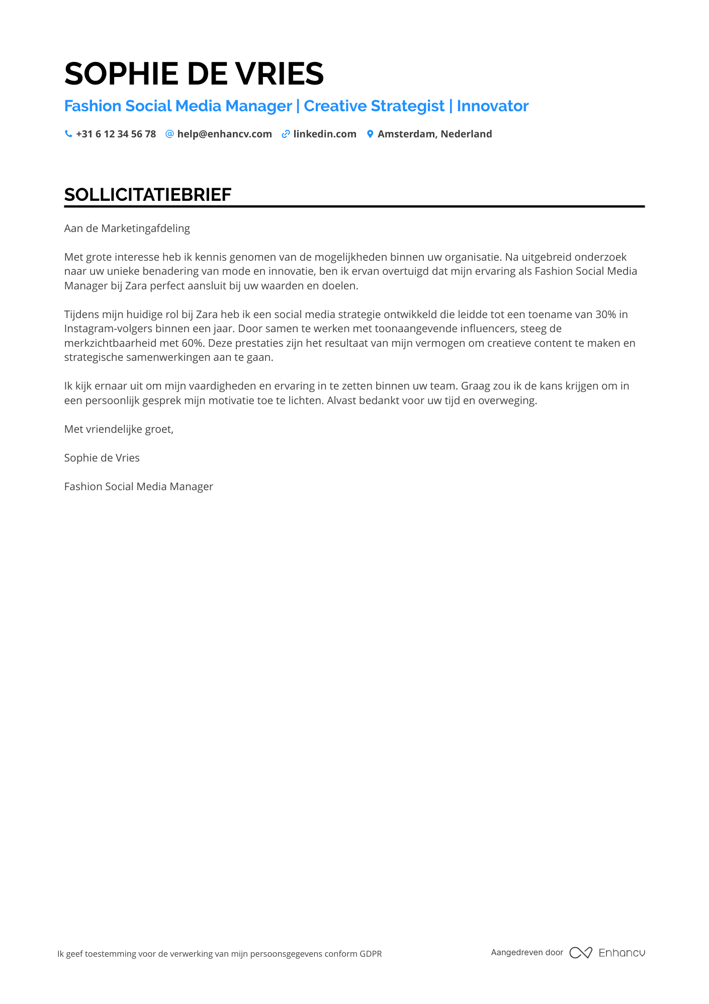 Sollicitatiebrief voor Fashion Social Media Manager Resume Example