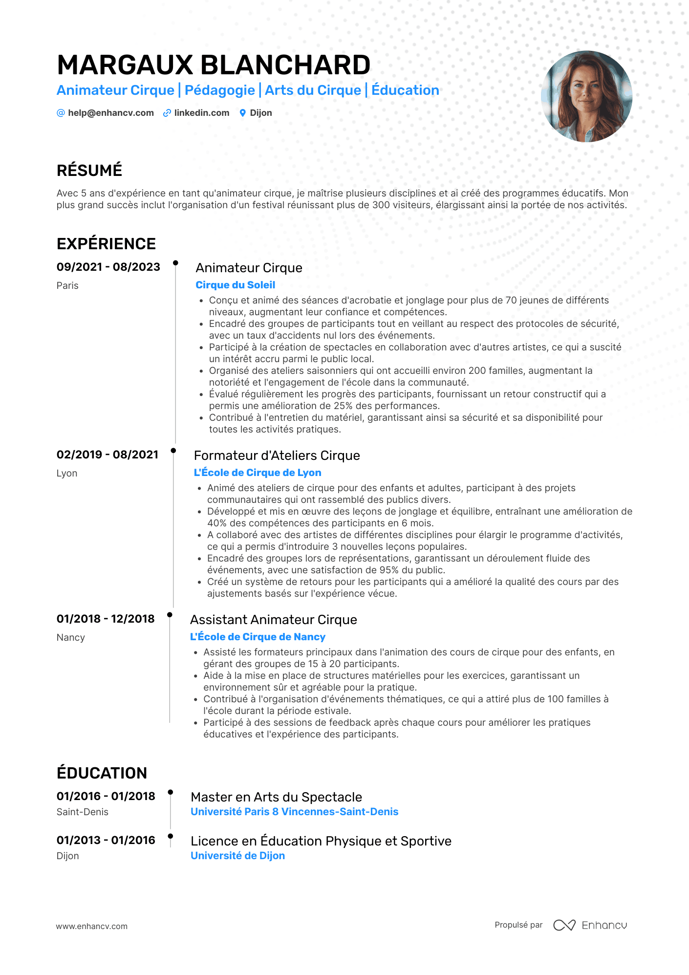 Artistique pour le secteur du cirque Resume Example