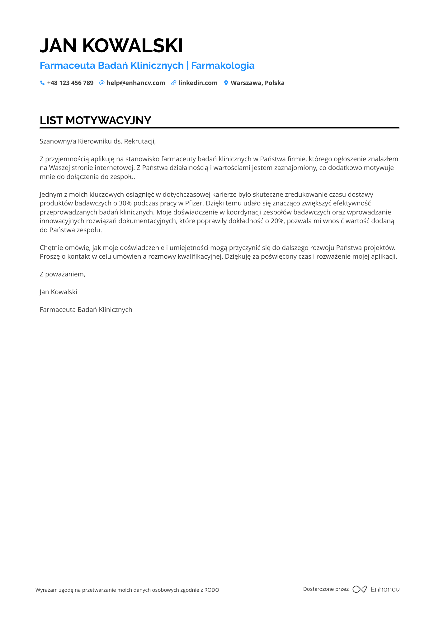 List motywacyjny dla Farmaceuta Badań Klinicznych Resume Example
