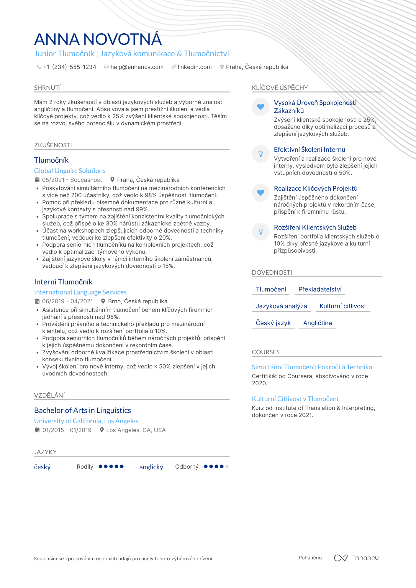 Životopis pro Junior Tlumočník Resume Example