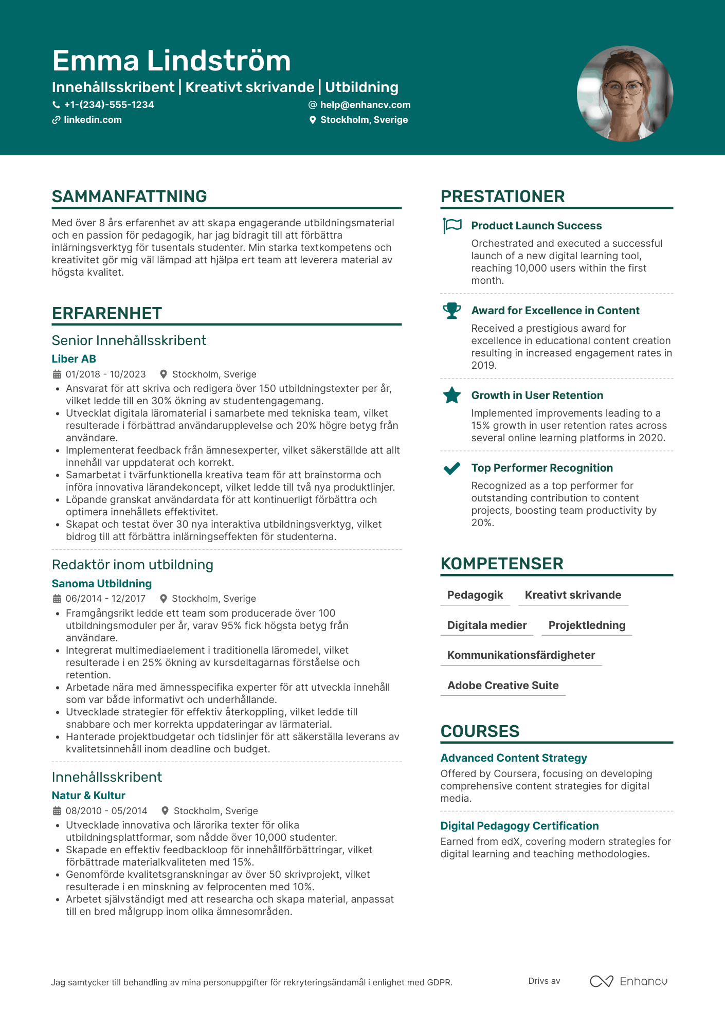 CV för Innehållsskribent inom utbildning Resume Example