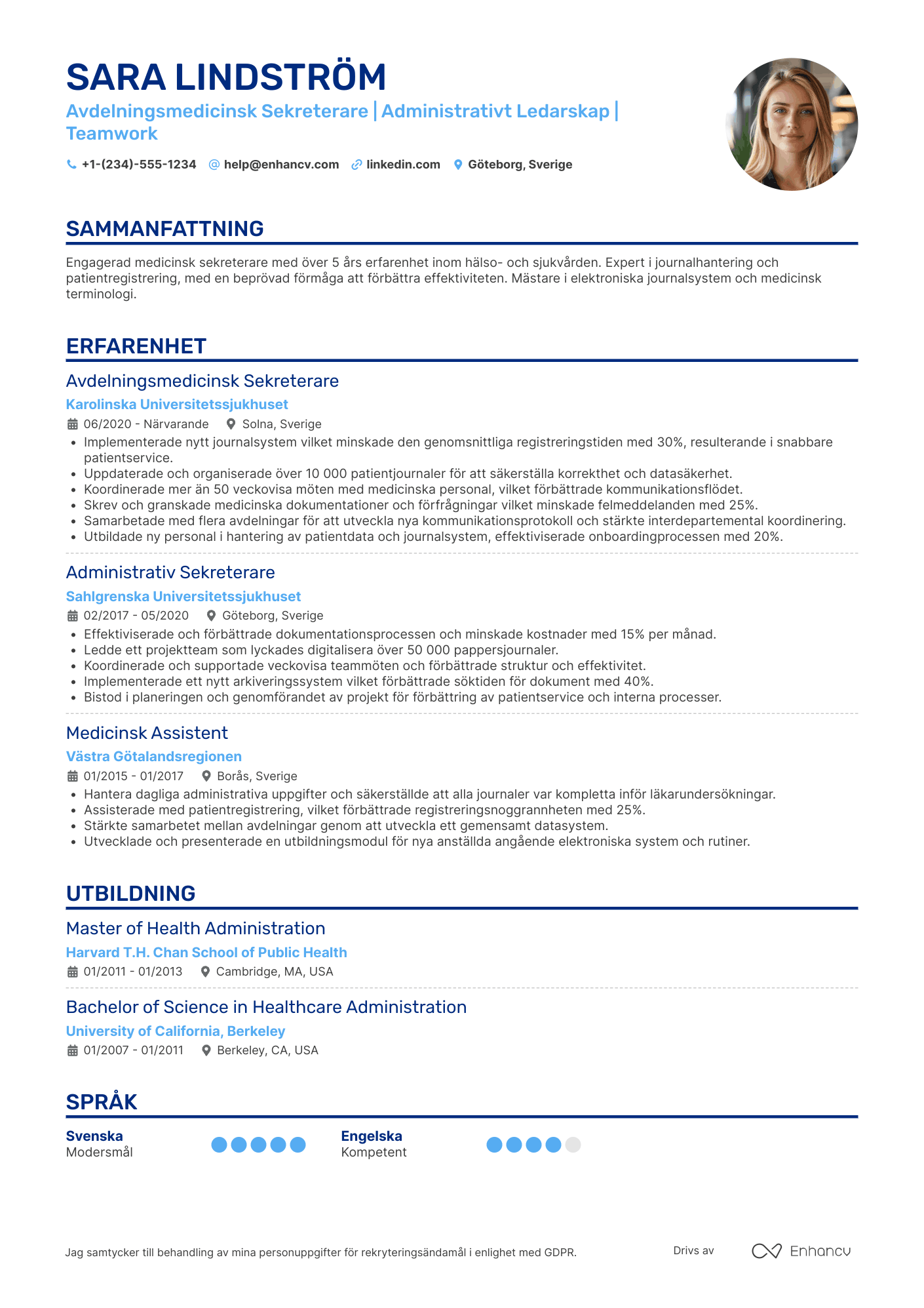 CV för Avdelningsmedicinsk Sekreterare Resume Example