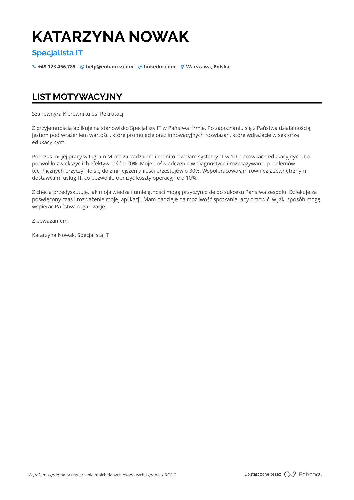 List motywacyjny dla Specjalista IT w Branży Edukacyjnej Resume Example