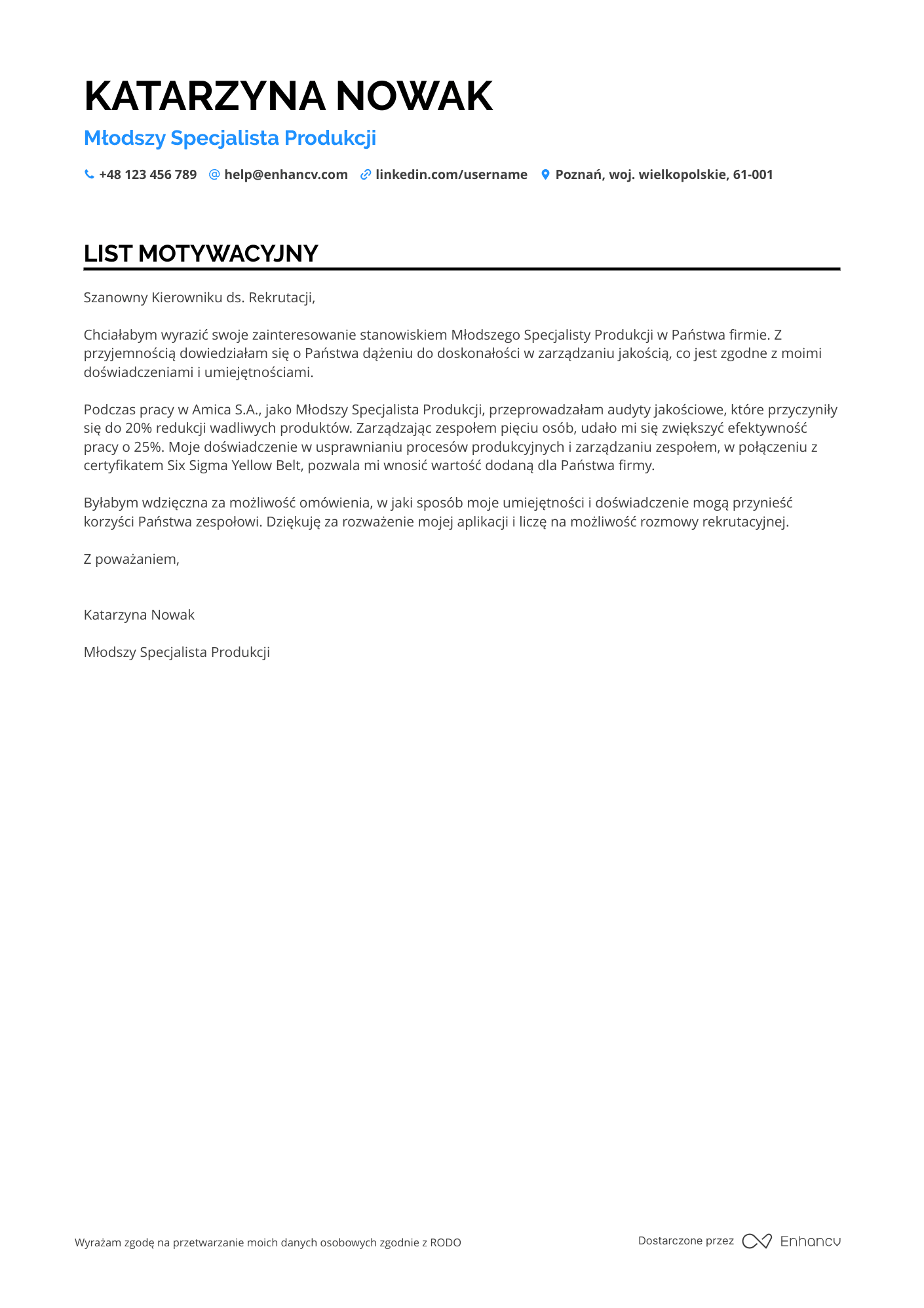 List motywacyjny dla Pracownik Produkcji Młodszy Specjalista Resume Example