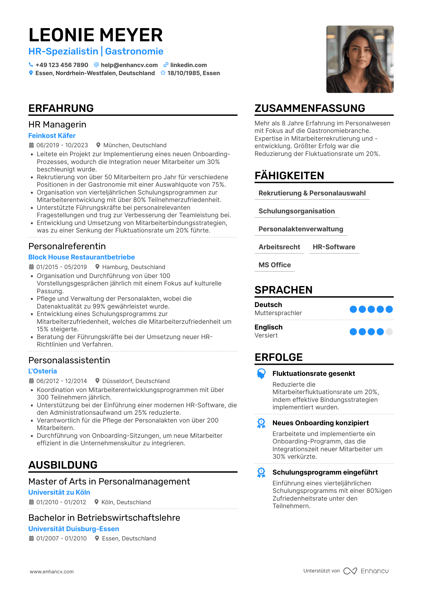 Lebenslauf in Personaler in der Gastronomiebranche Resume Example