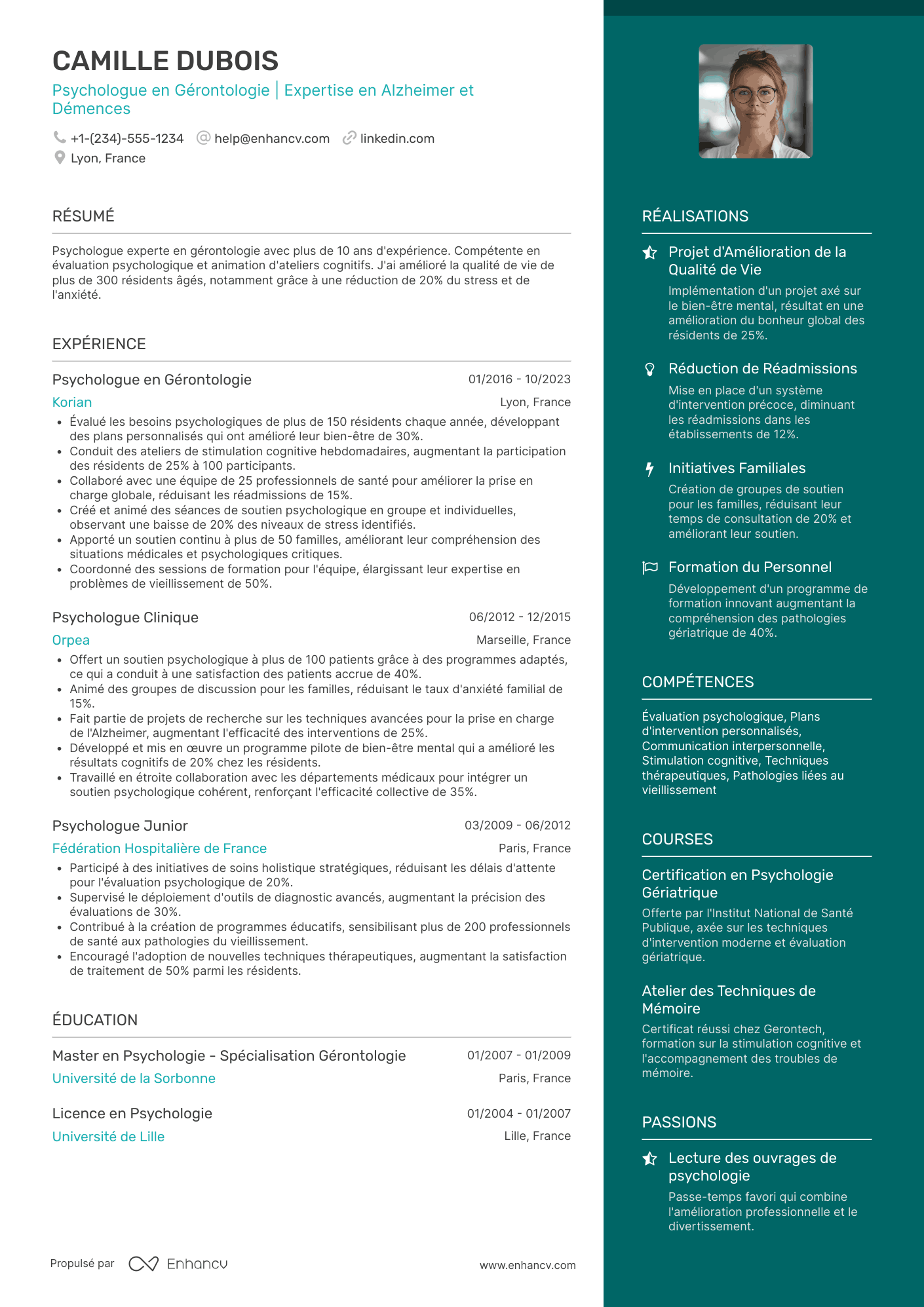 CV de psychologue en gérontologie Resume Example