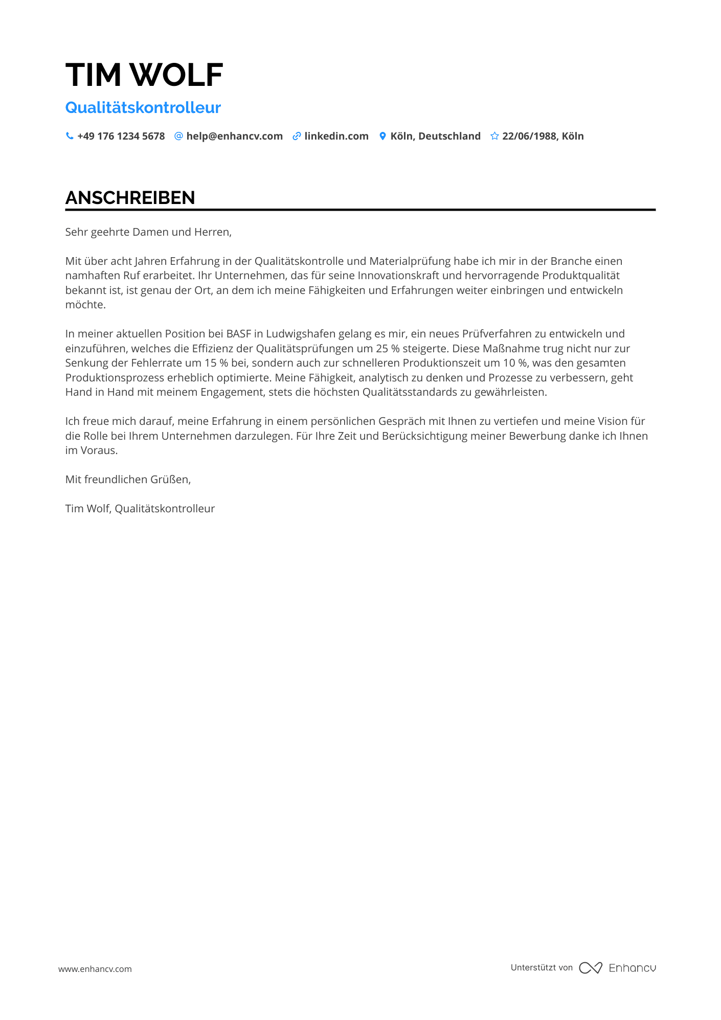 Qualitätskontrolleur für Materialprüfung Resume Example