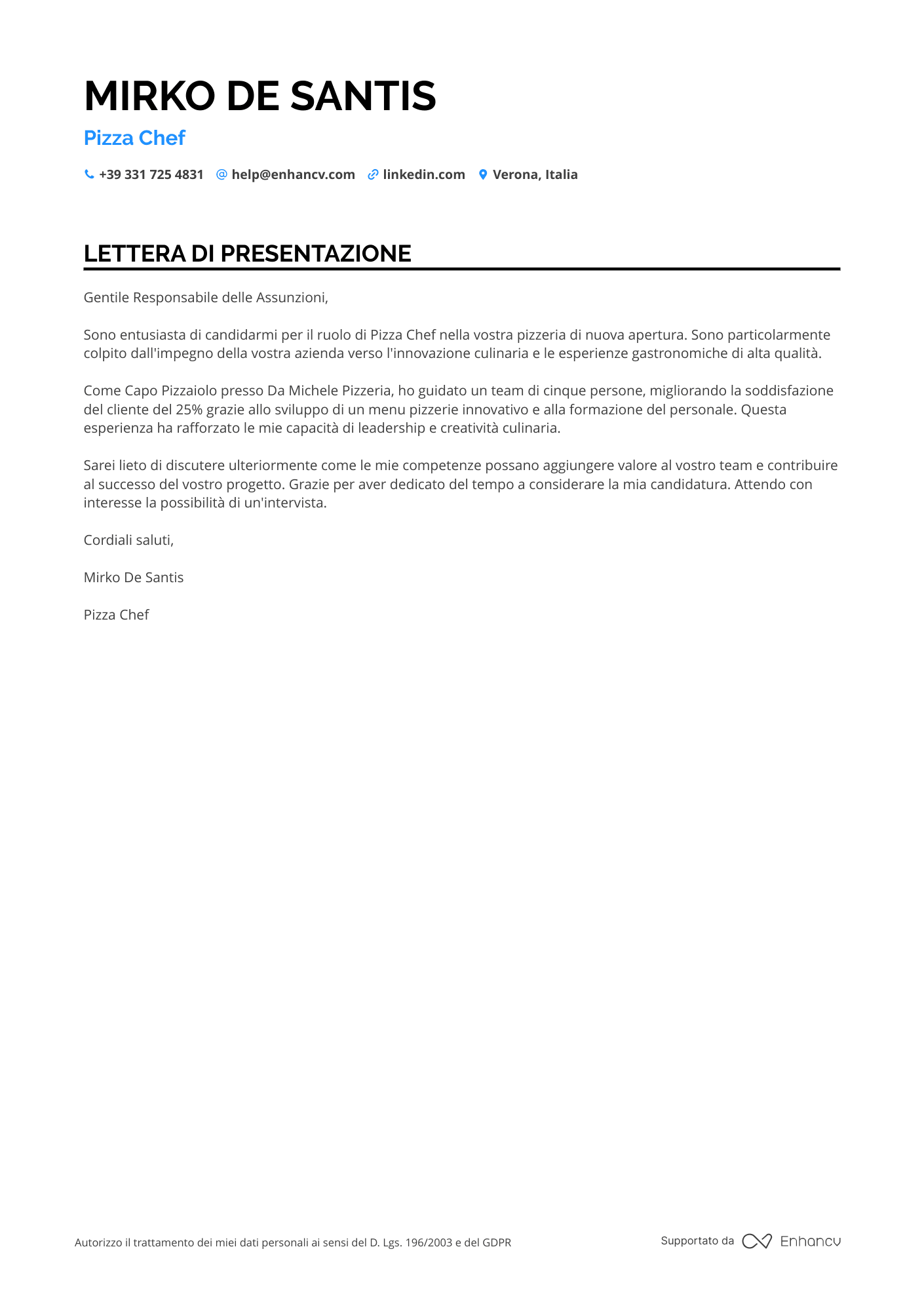 Cuoco di Cucina Gluten Free Resume Example