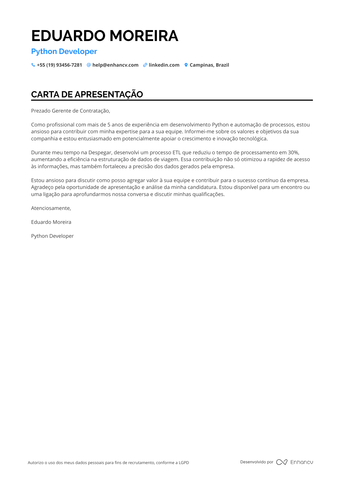 Desenvolvedor Web em Python Resume Example