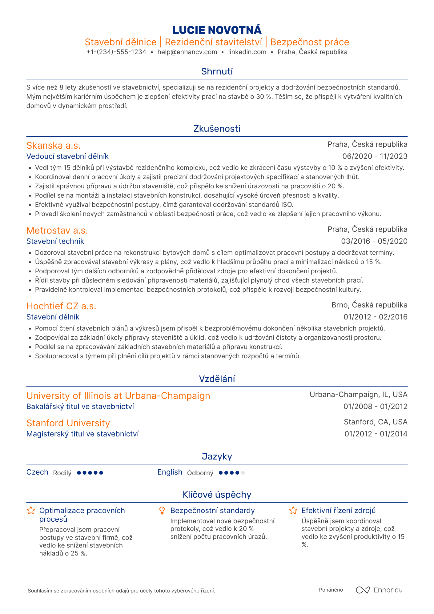 Životopis pro Stavební dělník v rezidenčním stavitelství Resume Example