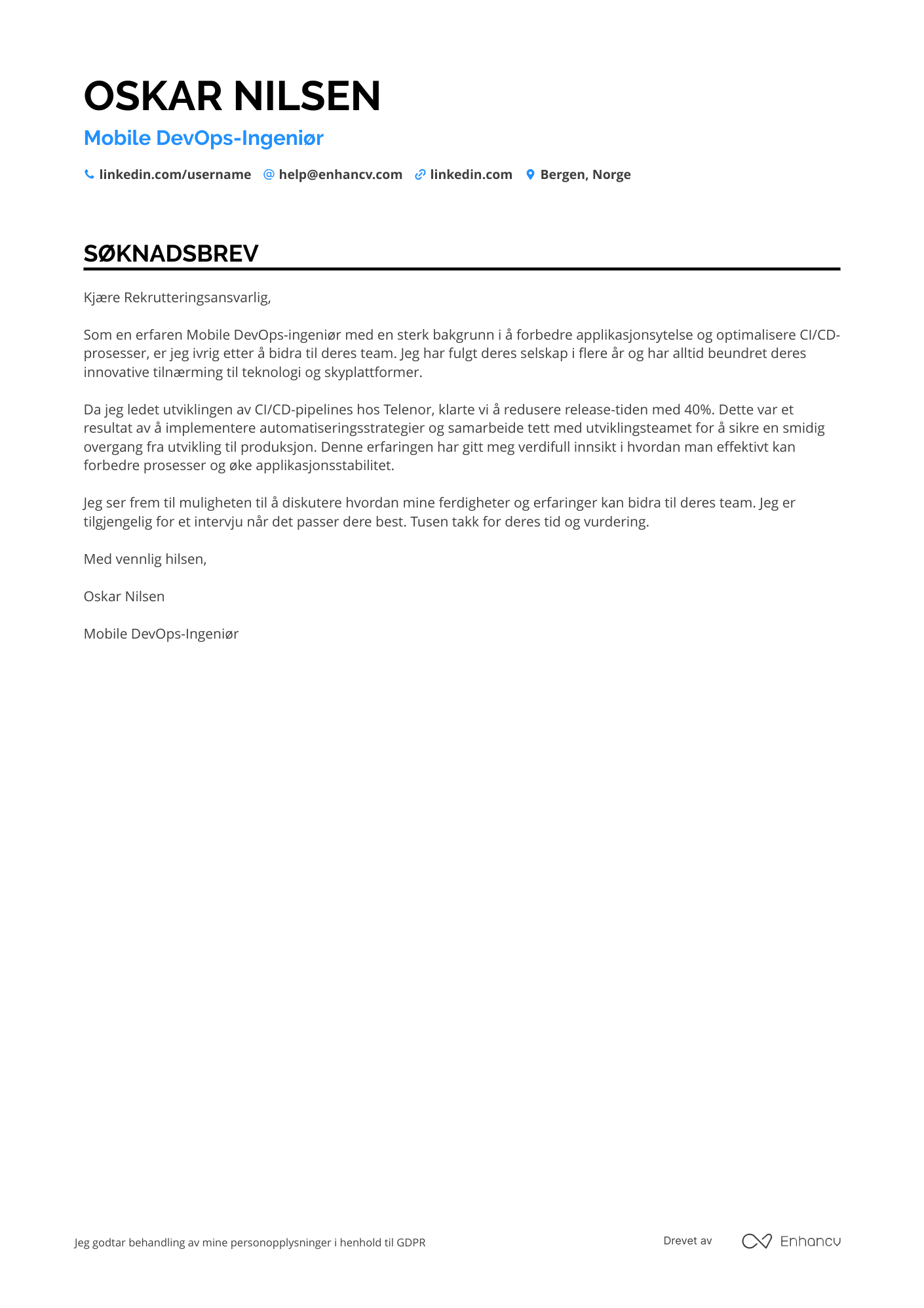 Søknadsbrev for Mobile DevOps ingeniør Resume Example