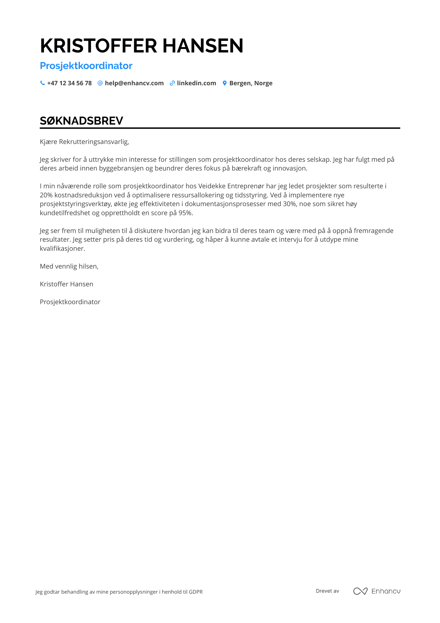 Søknadsbrev for Prosjektkoordinator i byggebransjen Resume Example
