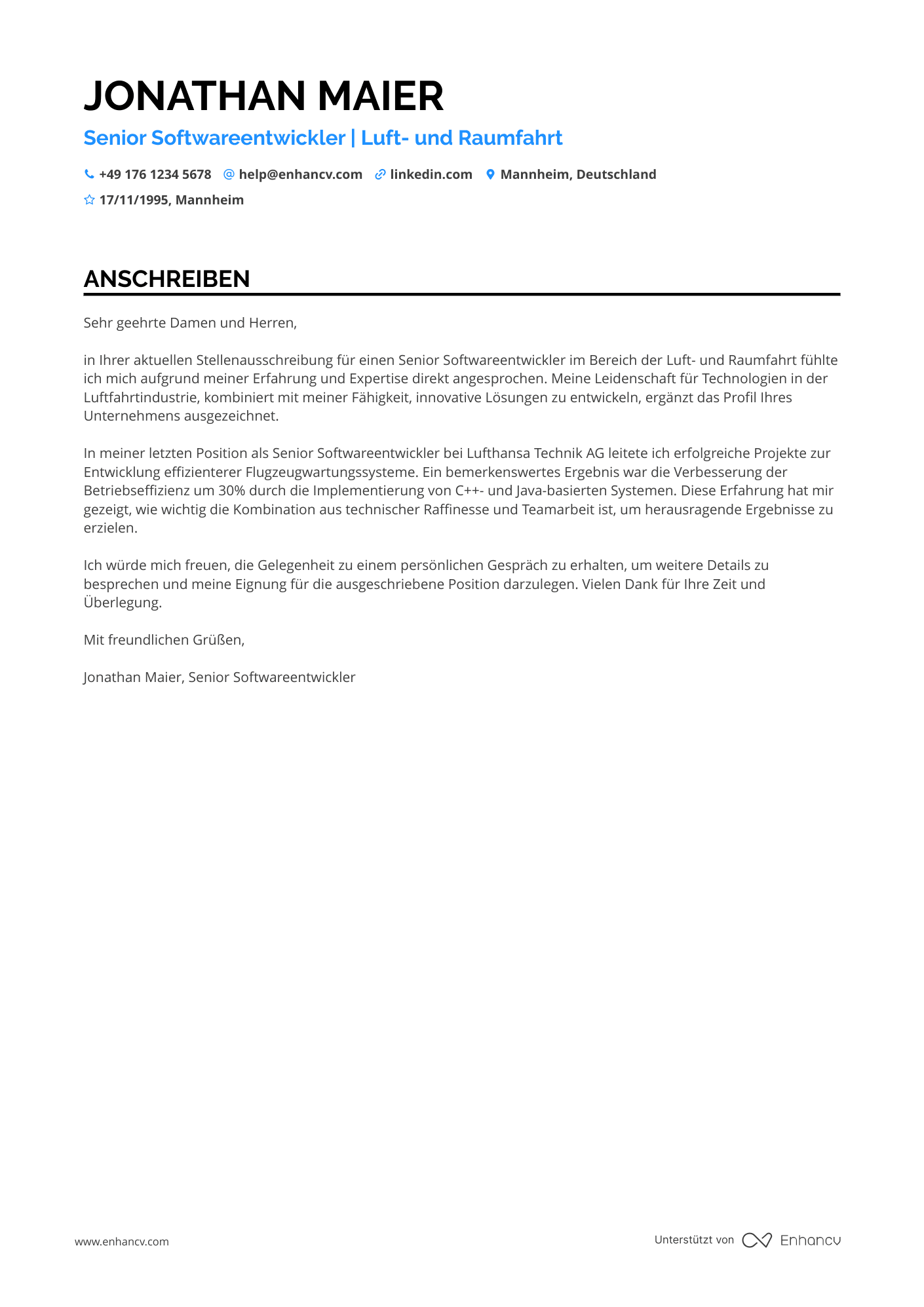 Programmierer in der Luft  und Raumfahrtindustrie Resume Example