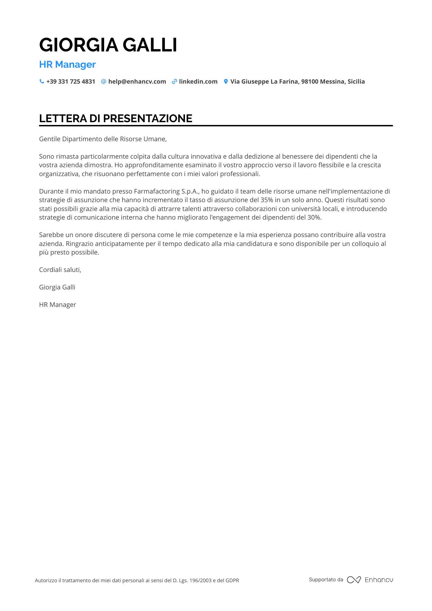 Gestore di Risorse Umane Resume Example