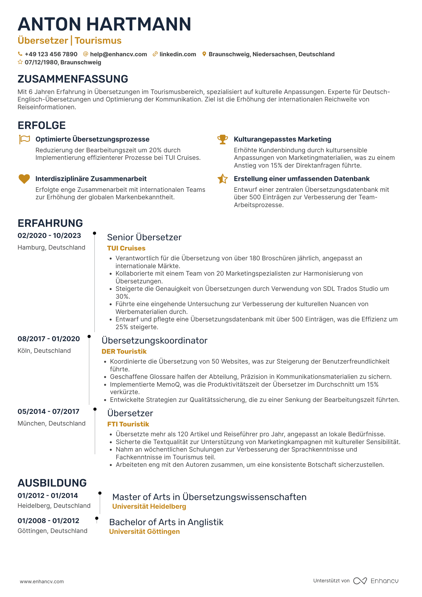 Lebenslauf in Übersetzer in der Tourismusbranche Resume Example