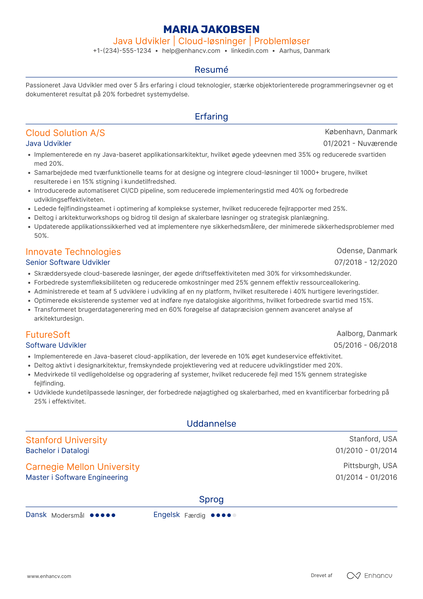 CV til Java Udvikler til cloud løsninger Resume Example