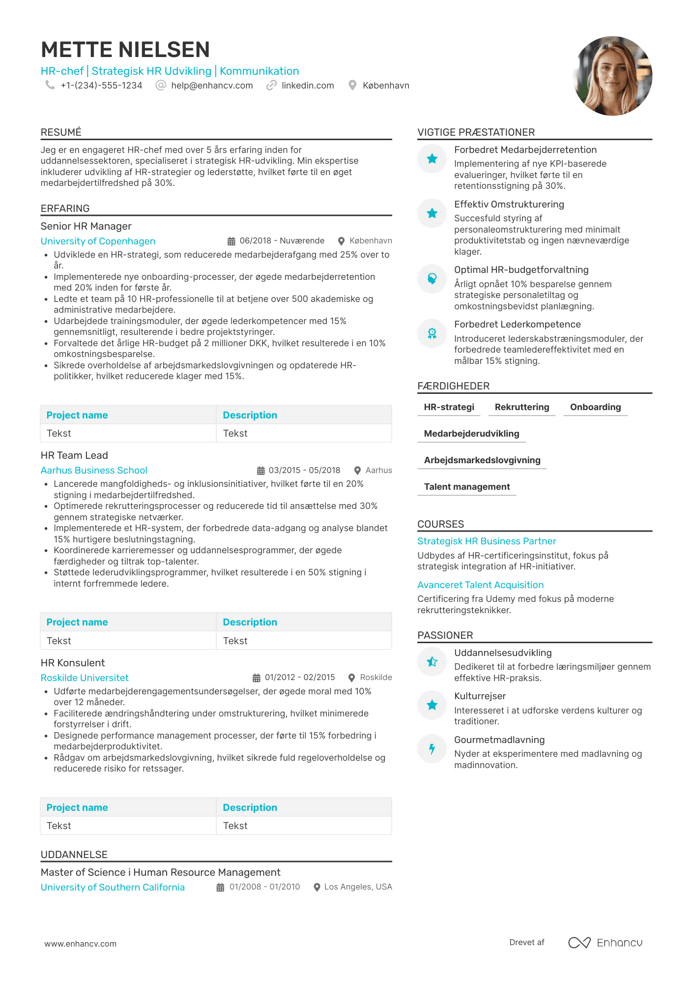 CV til HR chef – uddannelsessektor Resume Example